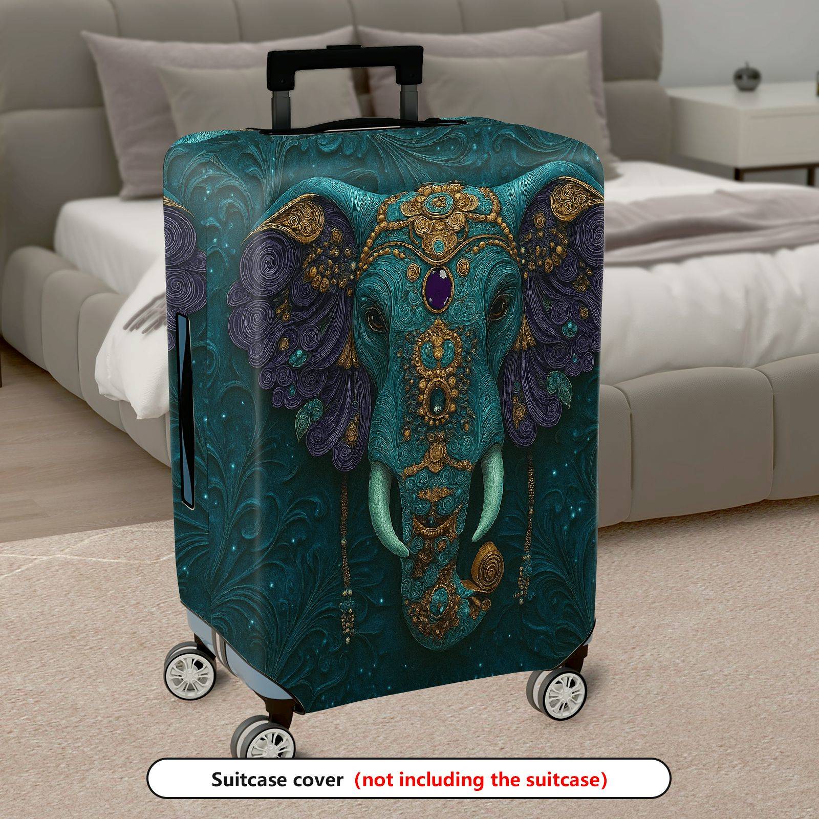 1-Piece Artistic Elephant Intricate Teal Gold Gem Animal  Suitcase Luggage Cover, Stretch Protective Sleeve