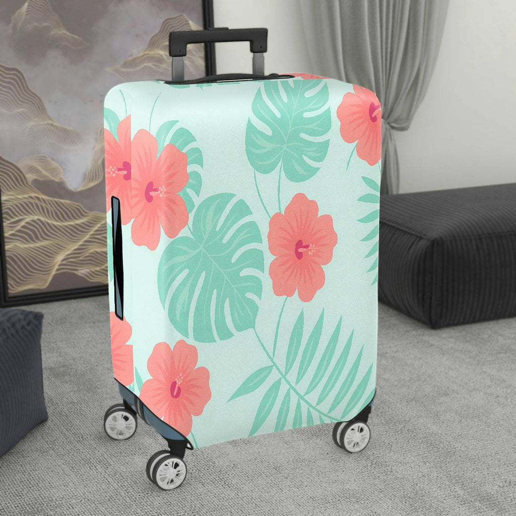 1-Piece Tropical Floral Green Leaves Coral Hibiscus Pattern  Suitcase Luggage Cover, Stretch Protective Sleeve