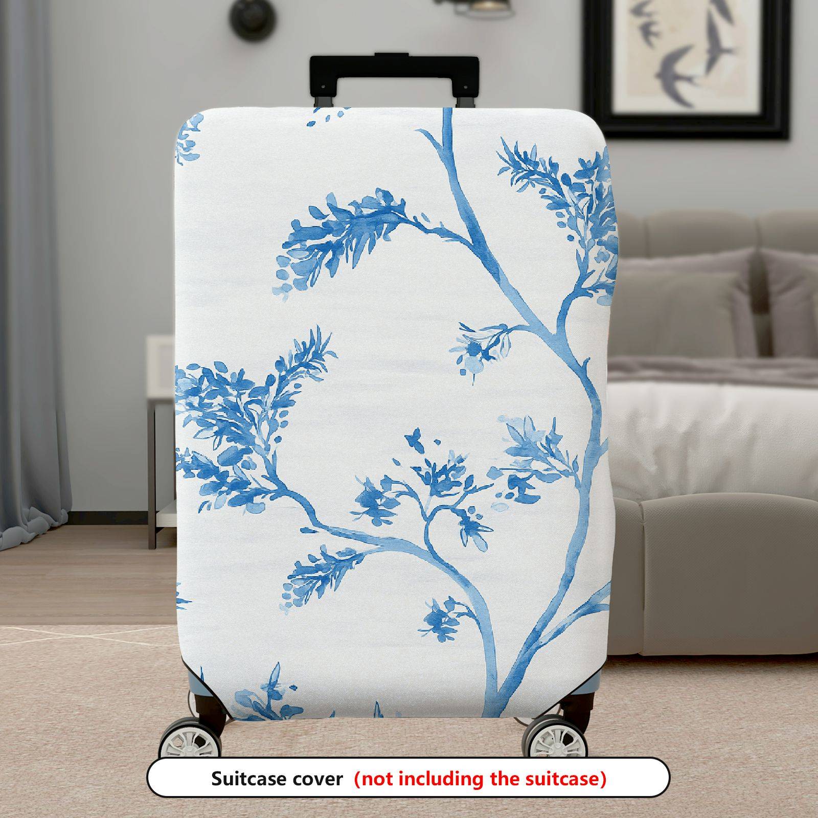 1-Piece White Blue Floral Branch Art Design  Suitcase Luggage Cover, Stretch Protective Sleeve