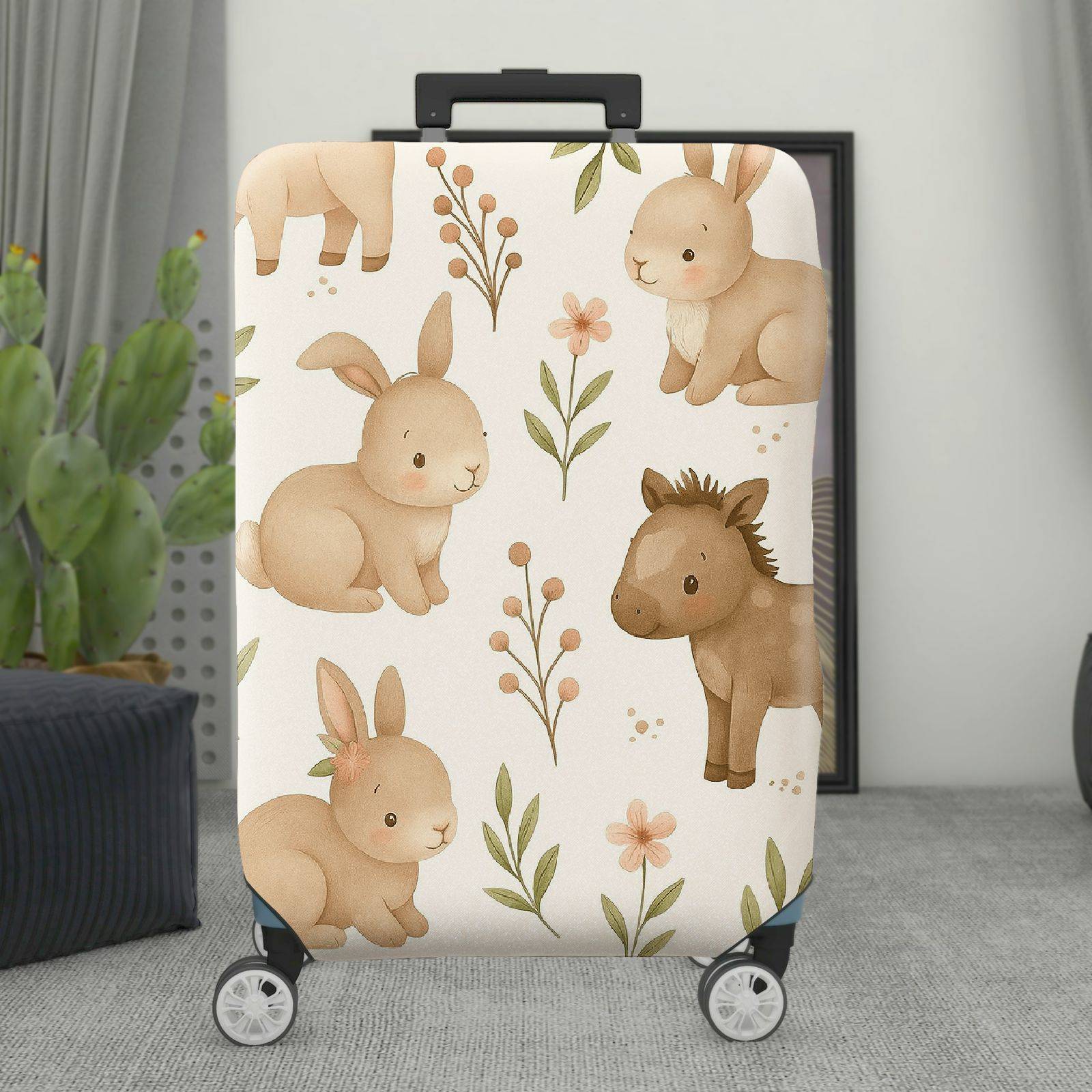 1-Piece Cute Bunny Horse Floral Leaf Pastoral Animal  Suitcase Luggage Cover, Stretch Protective Sleeve