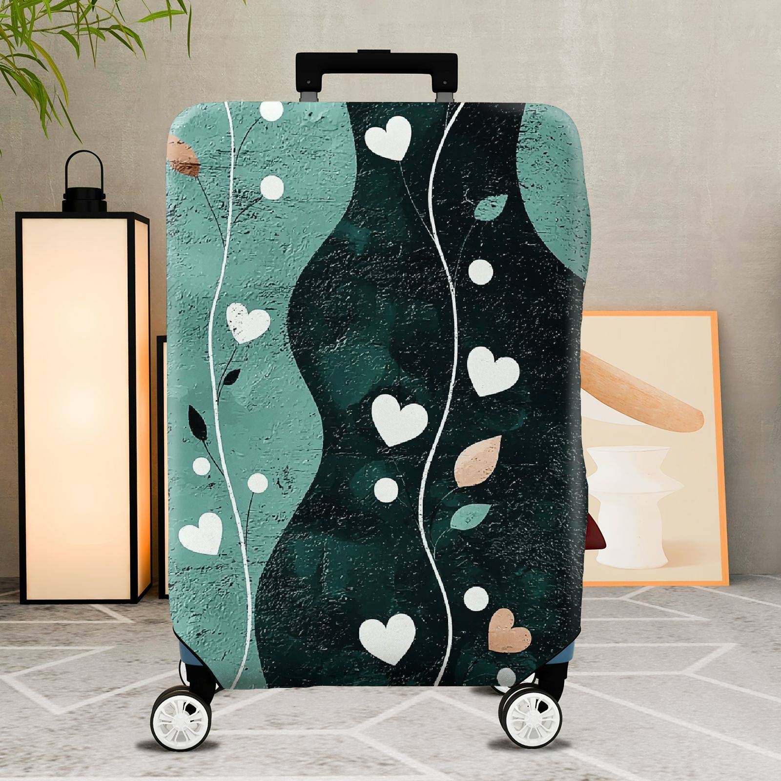 1-Piece Abstract Heart Leaf Artistic Pastel Green Decorative  Suitcase Luggage Cover, Stretch Protective Sleeve