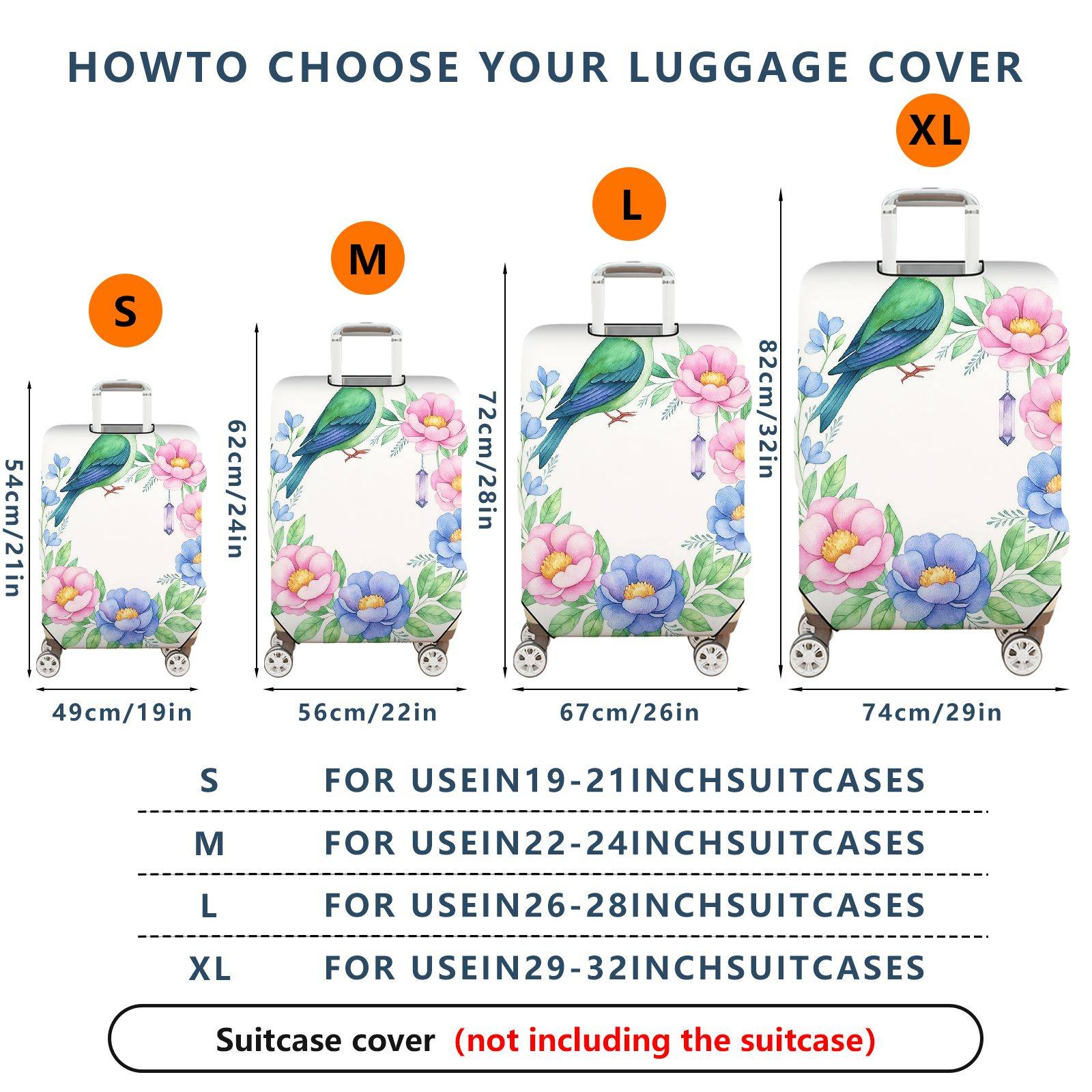 1-Piece Floral Bird Botanical Nature Art Pastel  Suitcase Luggage Cover, Stretch Protective Sleeve