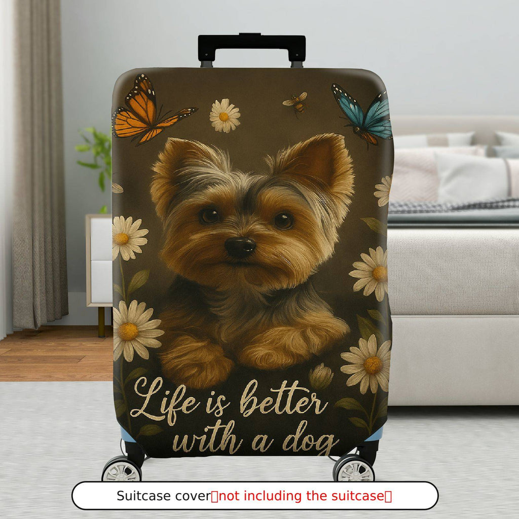1-Piece Floral Butterfly Dog Yorkshire Daisy  Suitcase Luggage Cover, Stretch Protective Sleeve