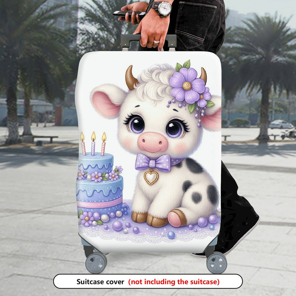 1-Piece Adorable  Cow Birthday Cake Purple Flower Decorative  Suitcase Luggage Cover, Stretch Protective Sleeve