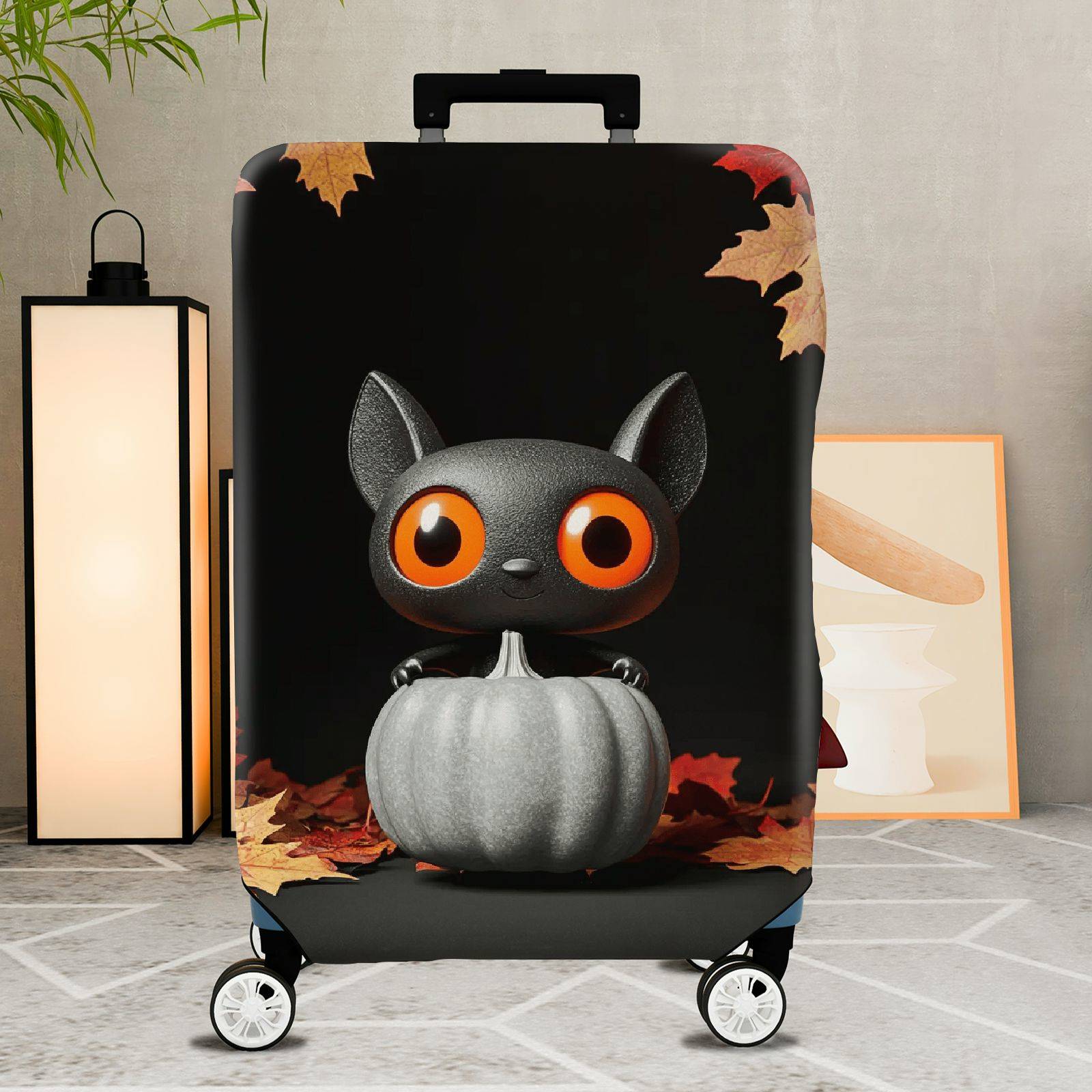 1-Piece Cute Cat Halloween Autumn Leaves Pumpkin  Suitcase Luggage Cover, Stretch Protective Sleeve