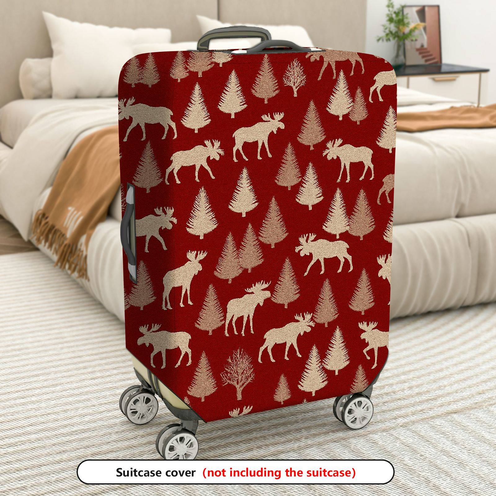 1-Piece Elk Tree Forest Red Holiday Festive  Suitcase Luggage Cover, Stretch Protective Sleeve