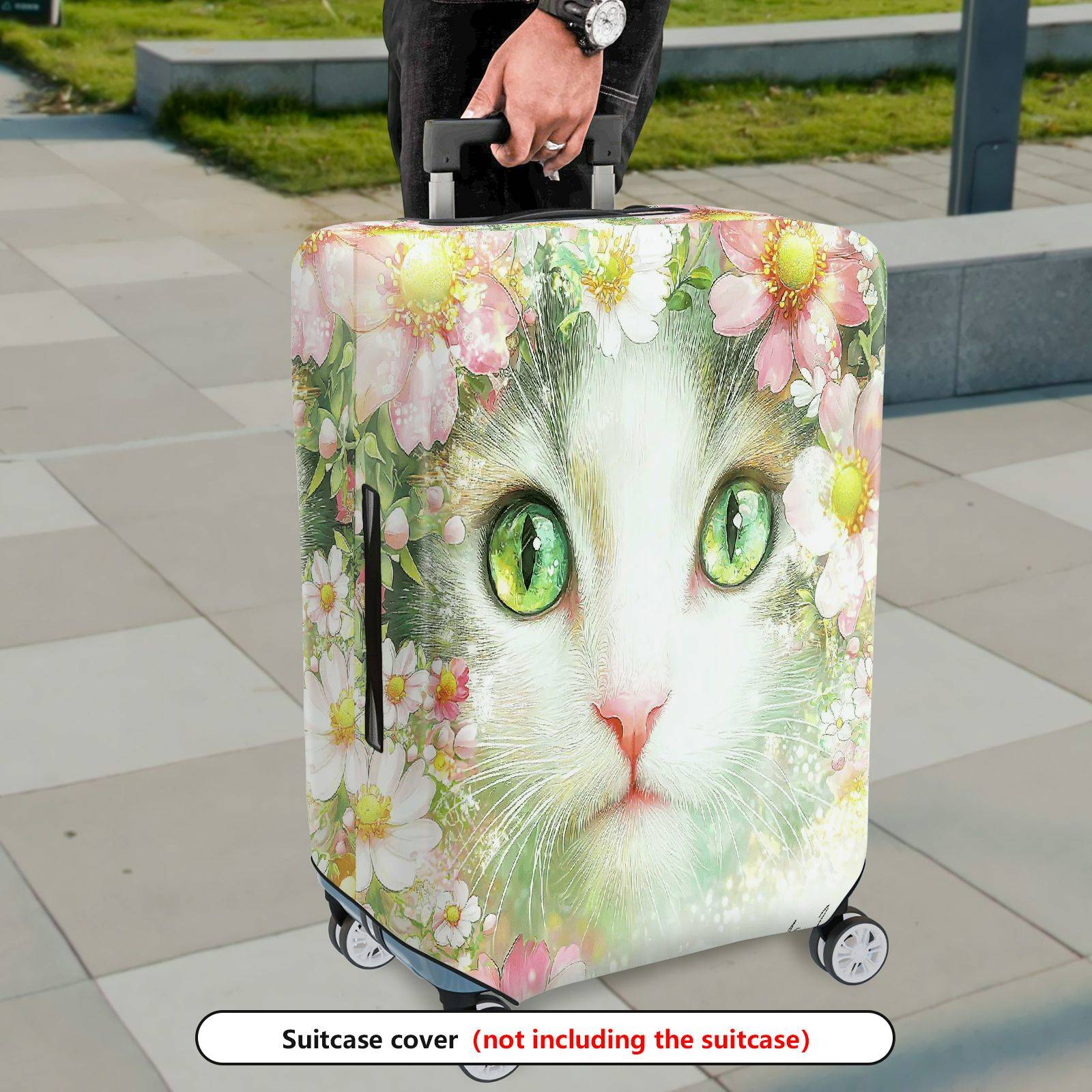 1-Piece Cat Floral Green Pink Artistic Colorful  Suitcase Luggage Cover, Stretch Protective Sleeve
