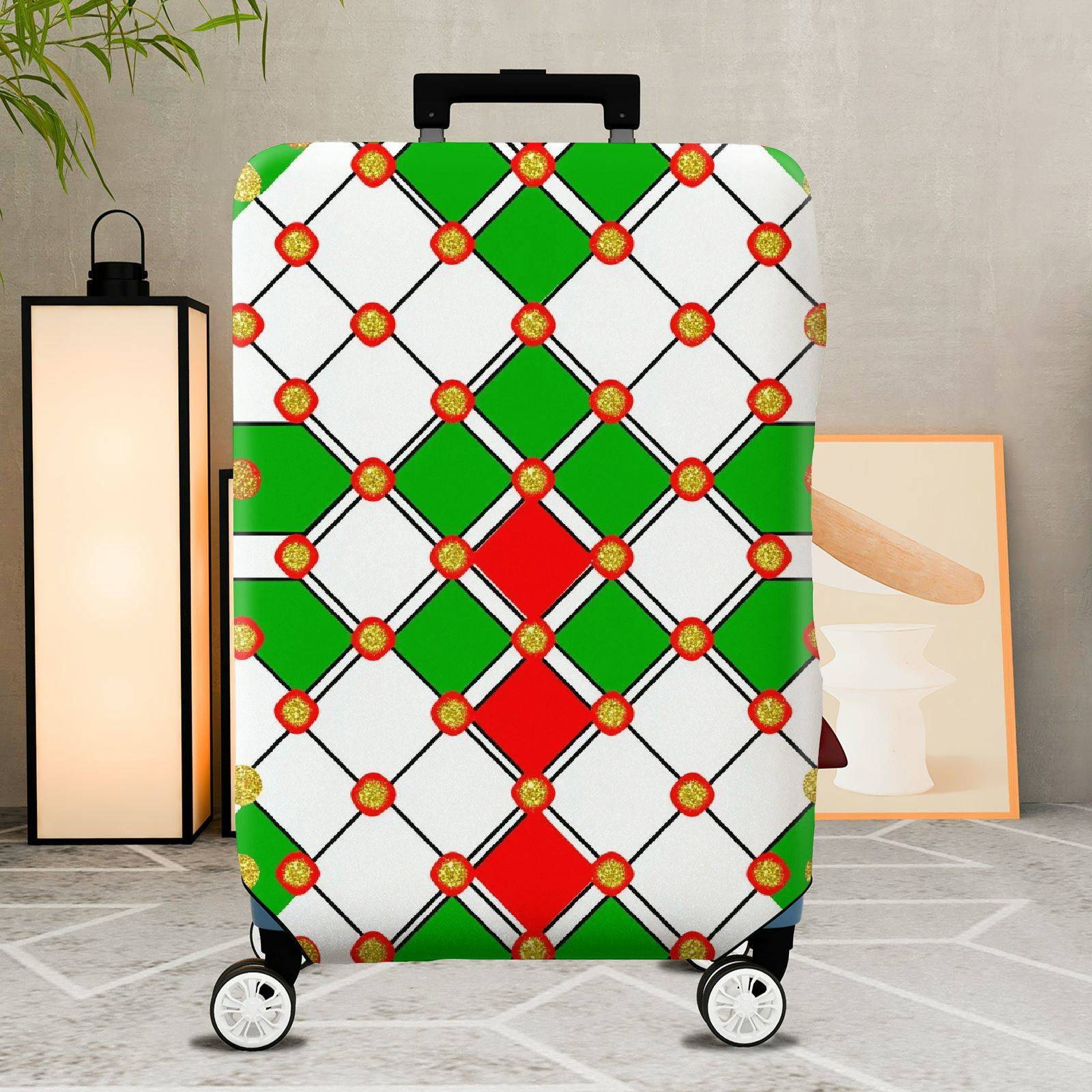 1-Piece Geometric Red Green White Gold Festive  Suitcase Luggage Cover, Stretch Protective Sleeve