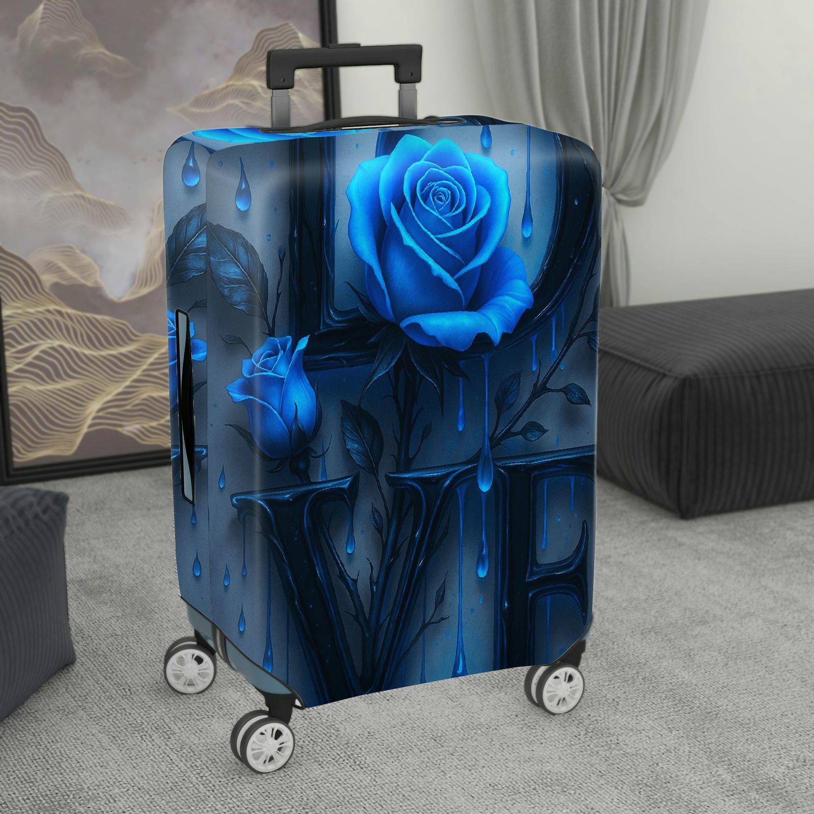 1-Piece Blue Rose Love Floral Art Pattern Letter  Suitcase Luggage Cover, Stretch Protective Sleeve