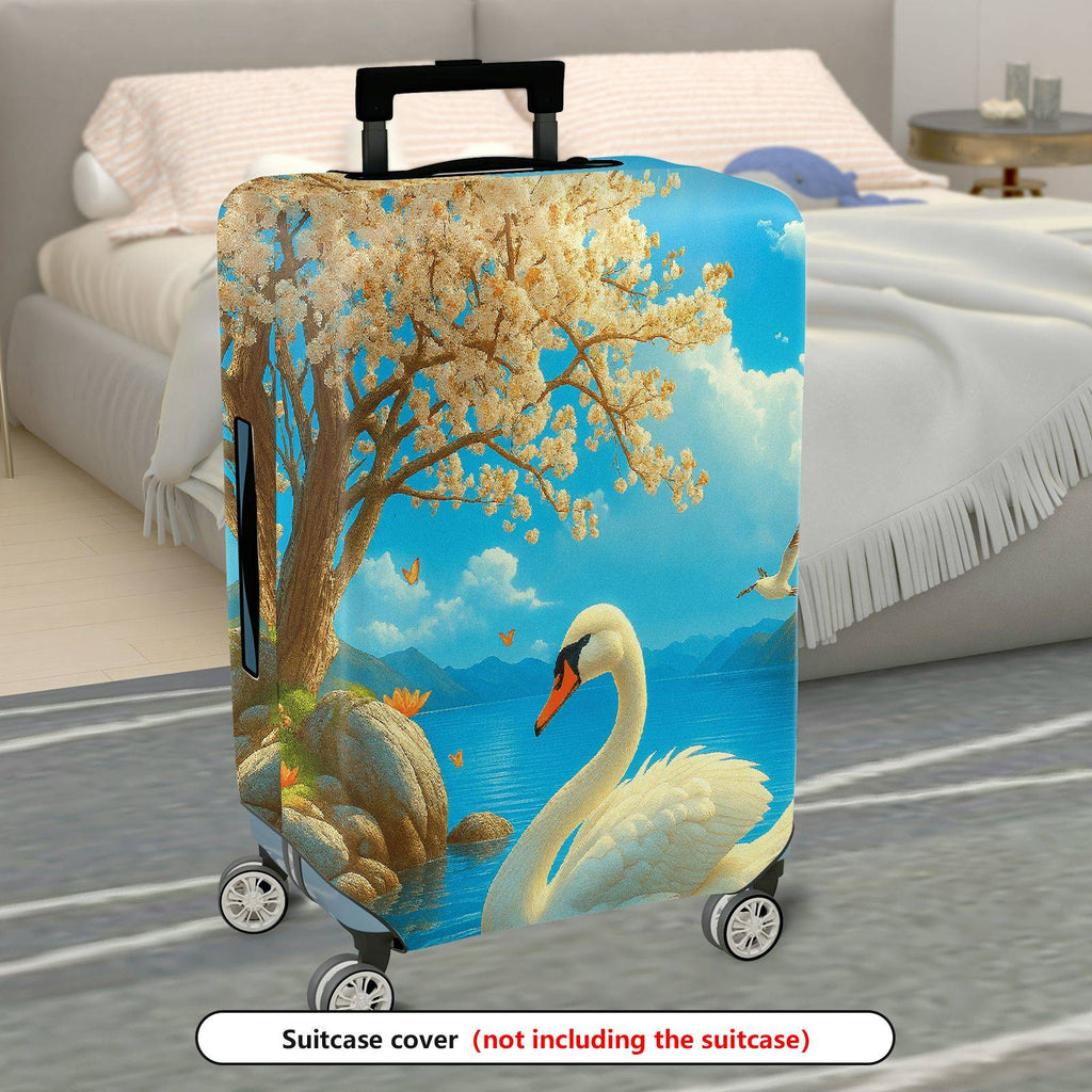 1-Piece Swan Scenic Floral Nature Blue Artistic  Suitcase Luggage Cover, Stretch Protective Sleeve