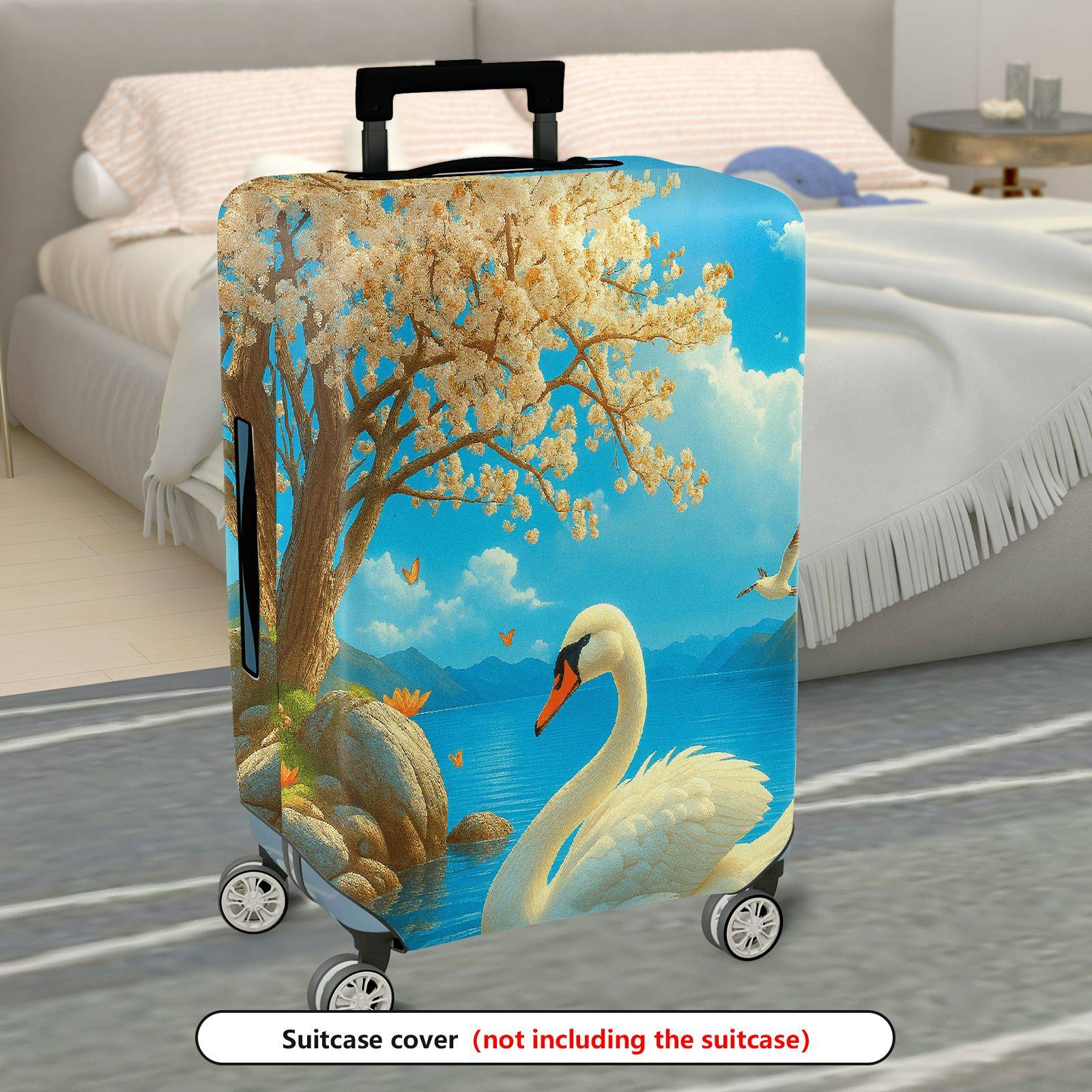 1-Piece Swan Scenic Floral Nature Blue Artistic  Suitcase Luggage Cover, Stretch Protective Sleeve