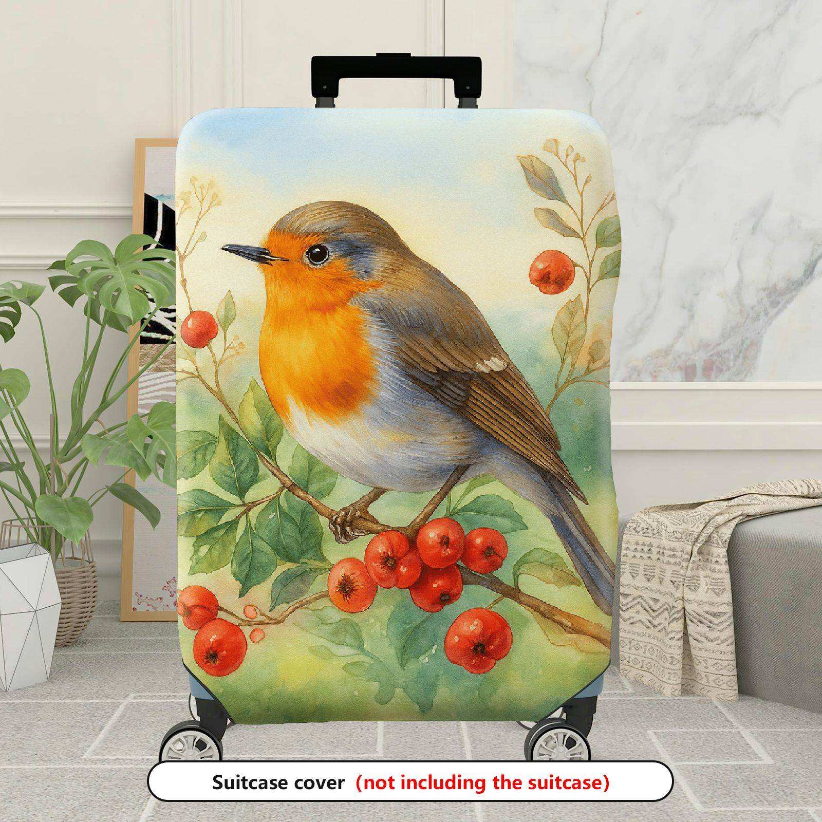 1-Piece Bird Berry Leaf Art Nature Landscape Watercolor  Suitcase Luggage Cover, Stretch Protective Sleeve