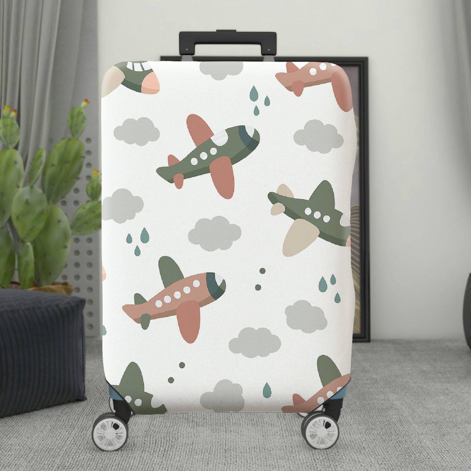 1-Piece Airplane Cloud Raindrop Pattern  Playful Travel  Suitcase Luggage Cover, Stretch Protective Sleeve