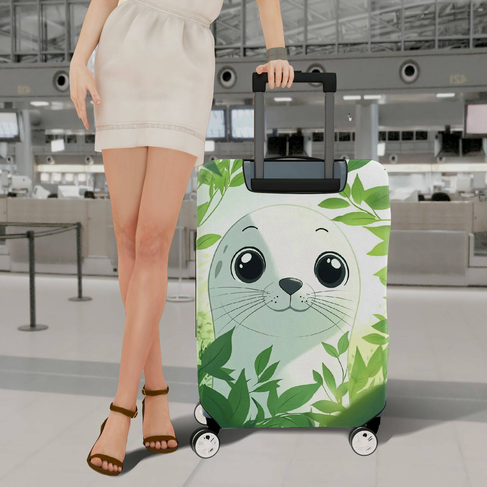 1-Piece Seal Green Leaves Nature Wildlife Cute  Suitcase Luggage Cover, Stretch Protective Sleeve