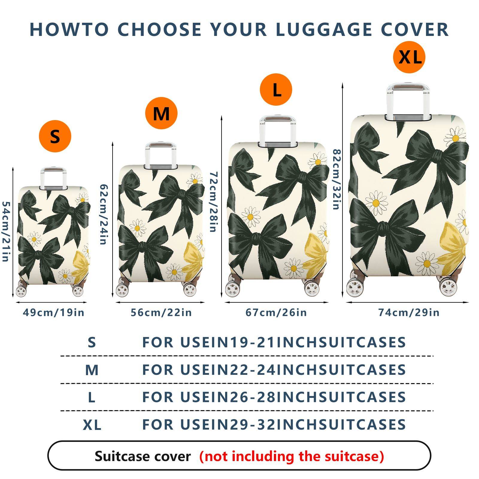 1-Piece Elegant Black Bow Daisy Floral Leaf  Suitcase Luggage Cover, Stretch Protective Sleeve