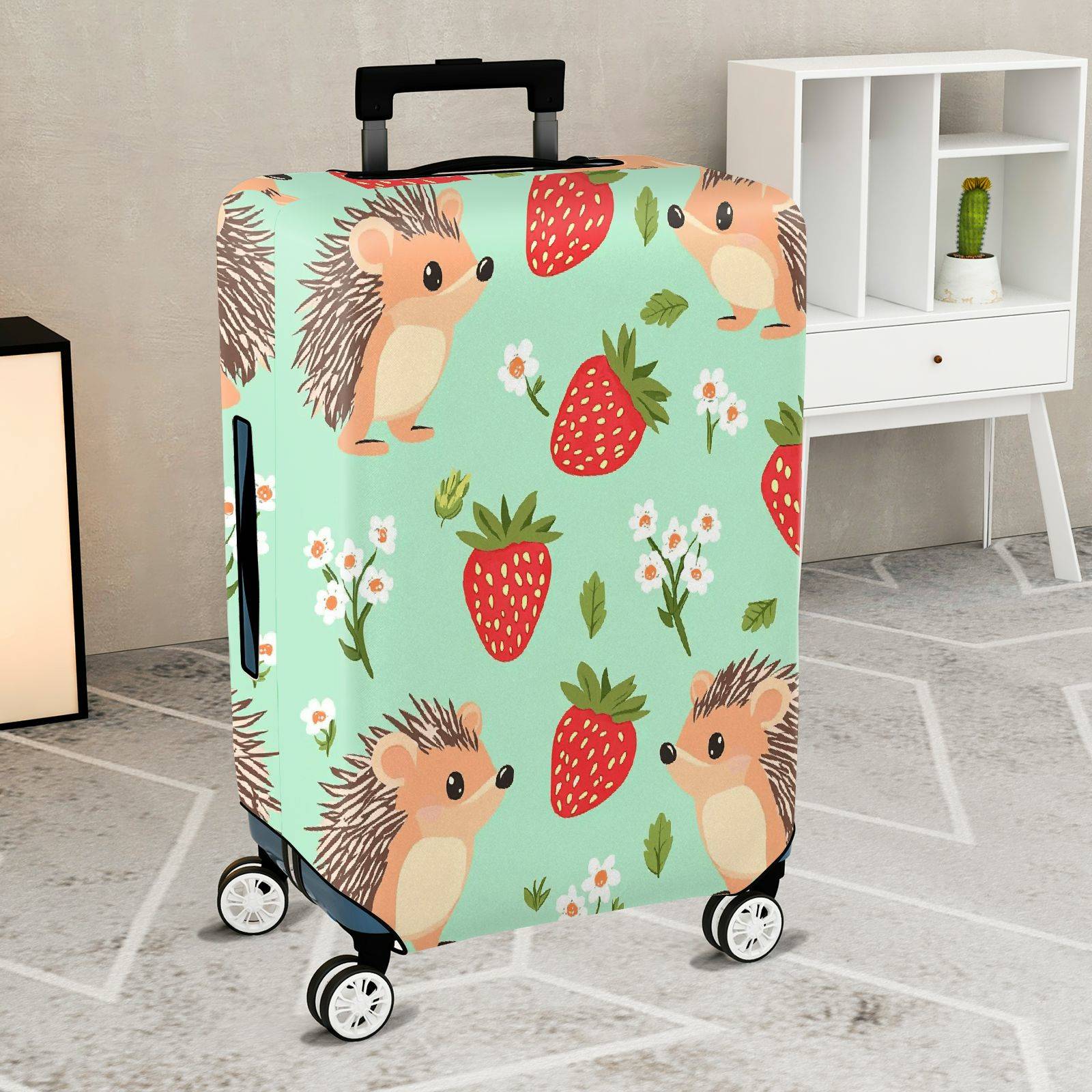 1-Piece Hedgehog Strawberry Floral Green Cute Pattern  Suitcase Luggage Cover, Stretch Protective Sleeve