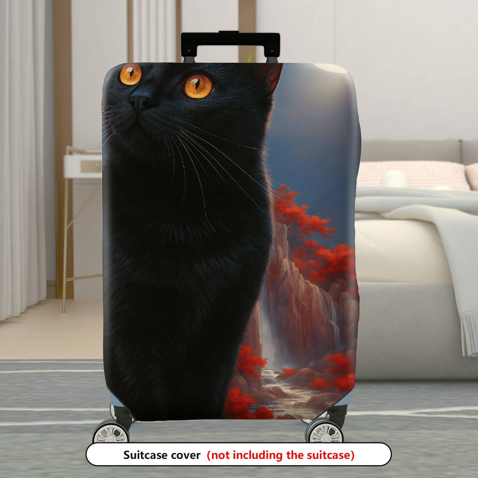 1-Piece Black Cat Moon Landscape Red Tree Artistic  Suitcase Luggage Cover, Stretch Protective Sleeve