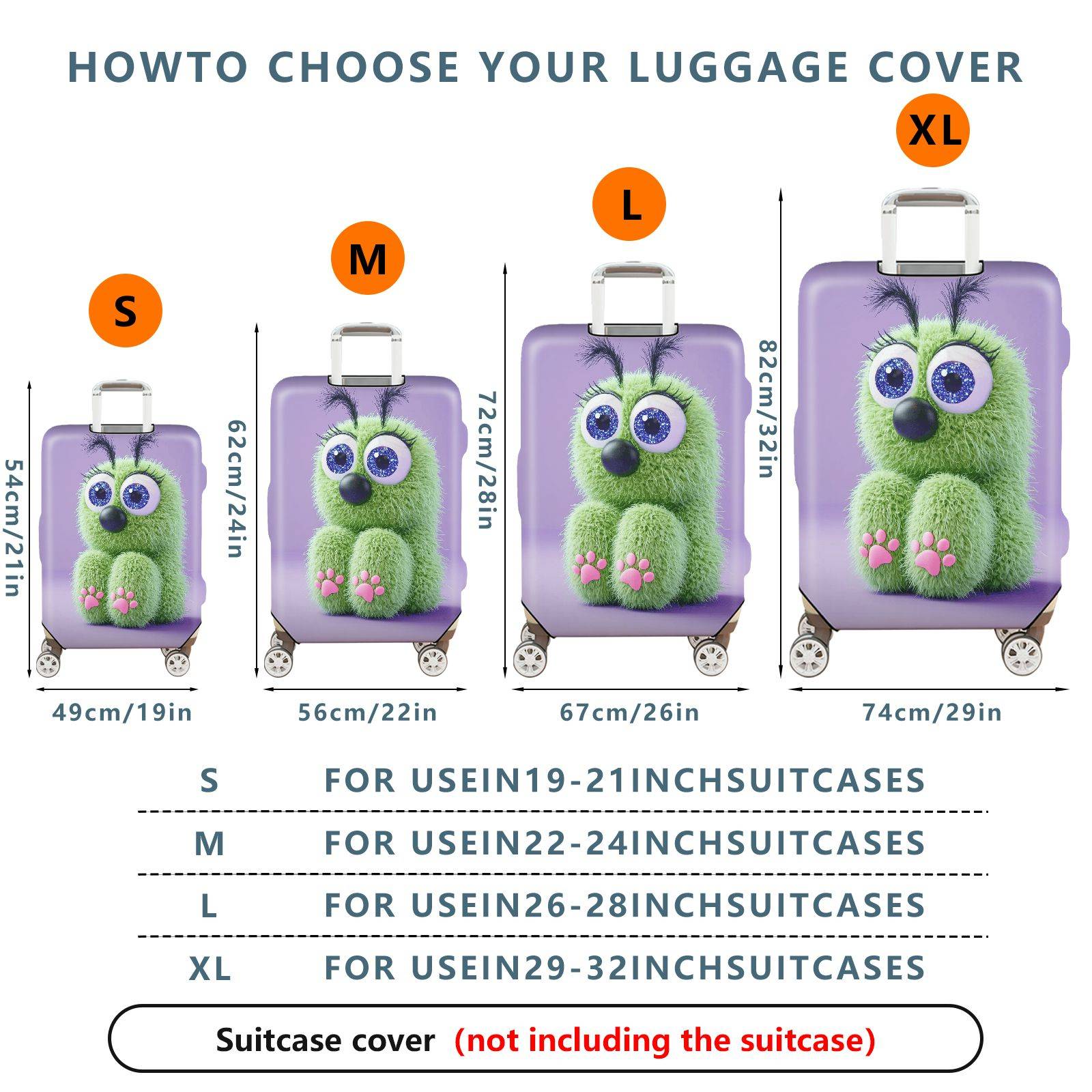 1-Piece Cute Furry  Green Animal Fantasy Purple  Suitcase Luggage Cover, Stretch Protective Sleeve
