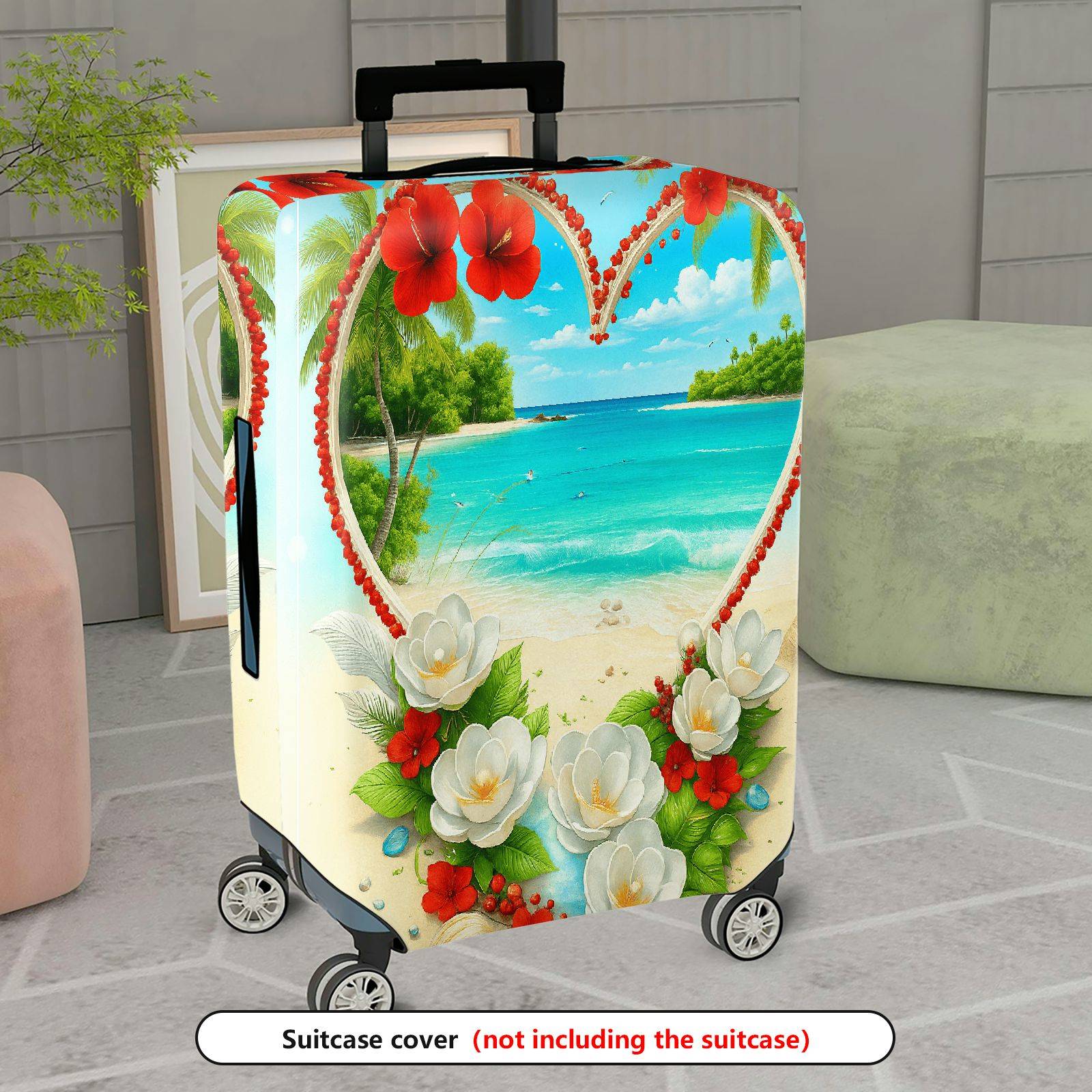 1-Piece Beach Floral Heart Tropical Paradise Colorful  Suitcase Luggage Cover, Stretch Protective Sleeve