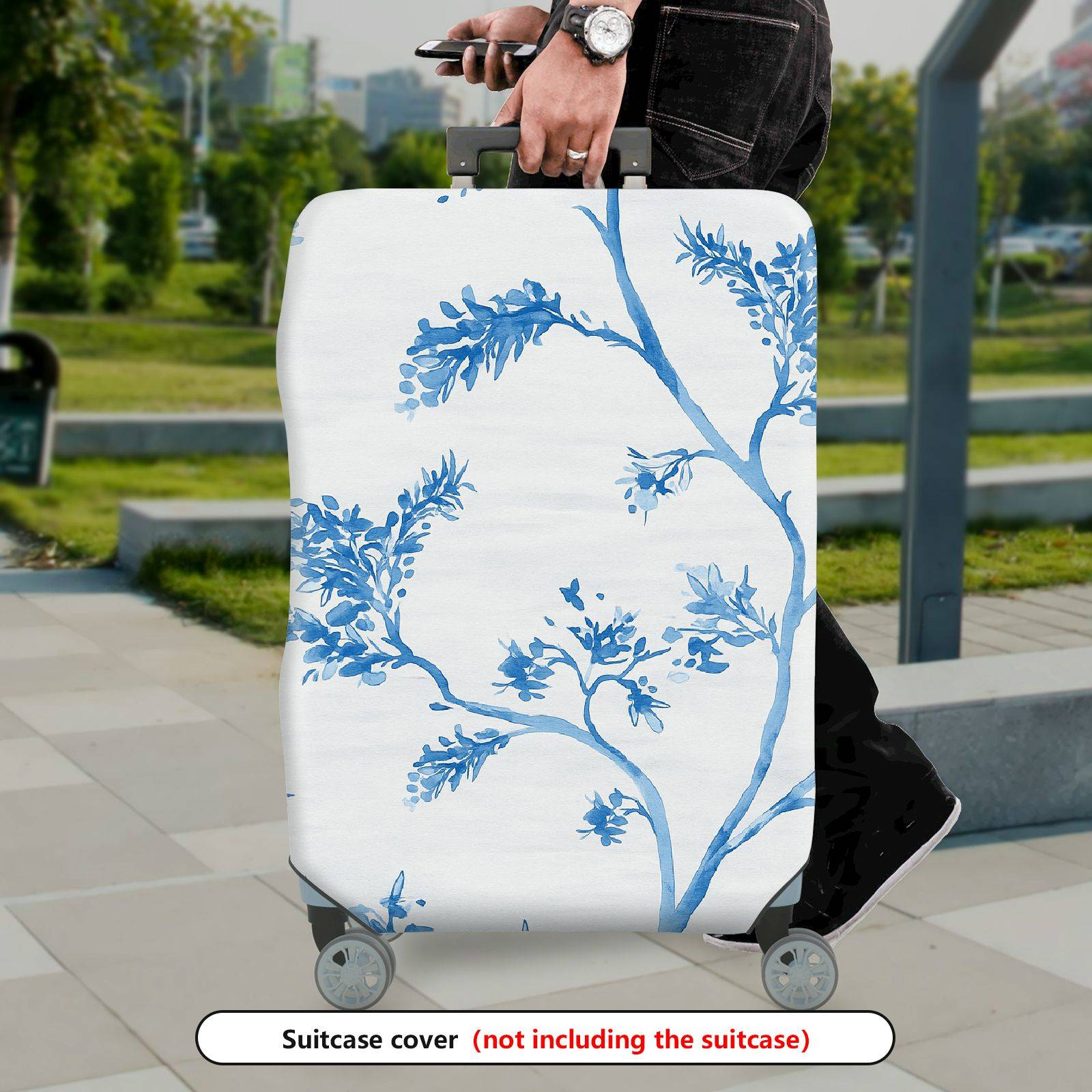 1-Piece White Blue Floral Branch Art Design  Suitcase Luggage Cover, Stretch Protective Sleeve