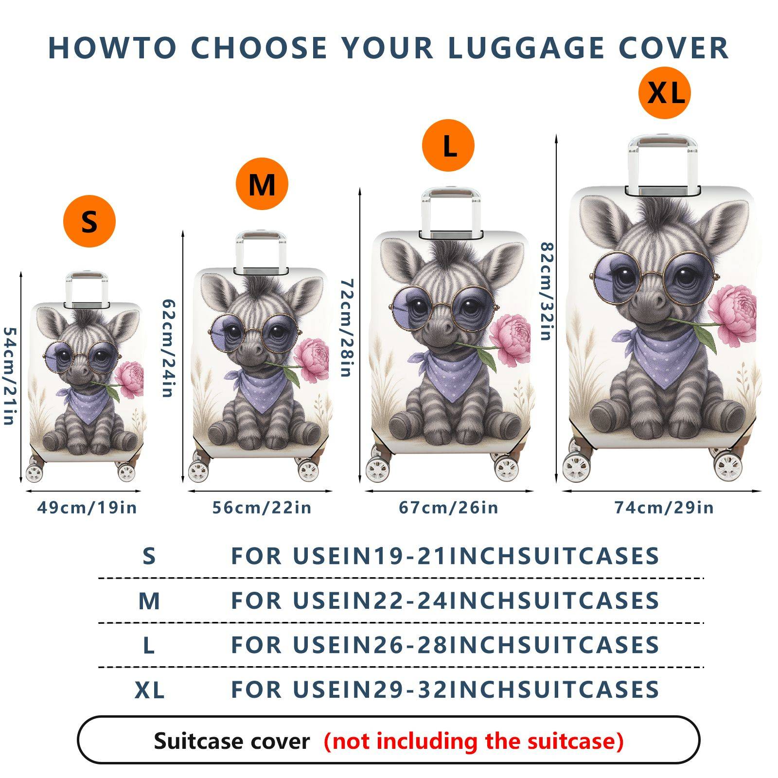 1-Piece Cute Animal Retro Glasses Flower Scarf Design Zebra  Suitcase Luggage Cover, Stretch Protective Sleeve
