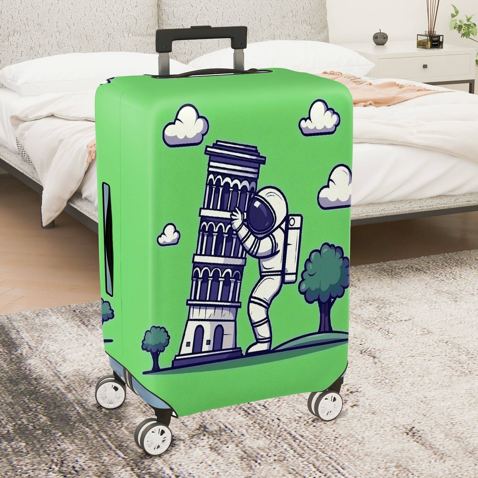 1-Piece Astronaut Pisa Tower Clouds Trees Green  Suitcase Luggage Cover, Stretch Protective Sleeve