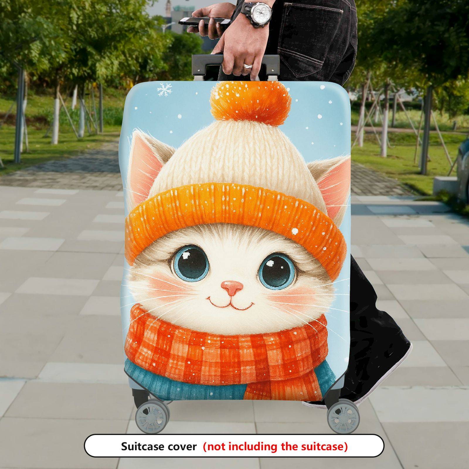 1-Piece Cute  Cat Winter Holiday Snow Fluffy Adorable  Suitcase Luggage Cover, Stretch Protective Sleeve