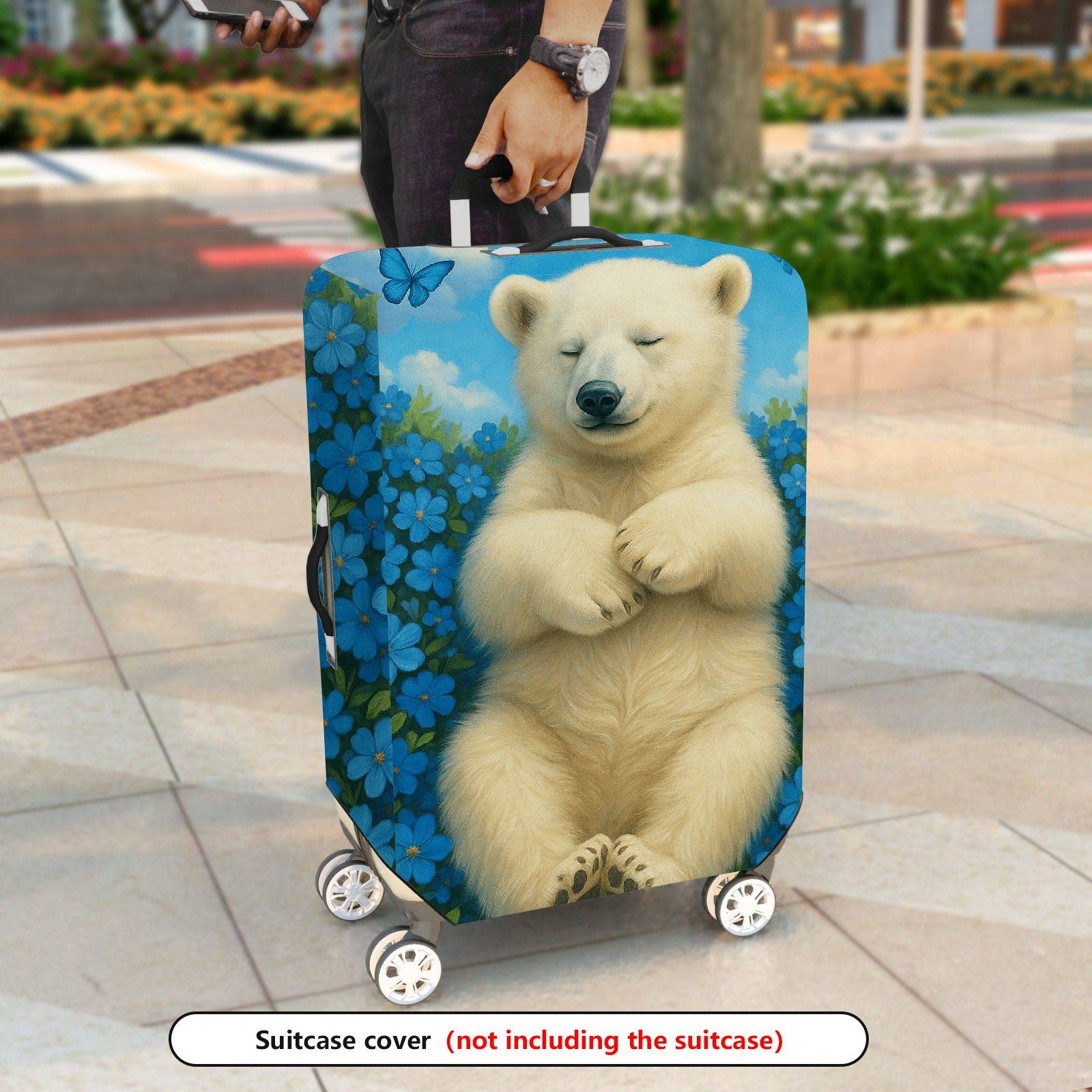 1-Piece Cute Bear Floral Blue Sky Butterfly  Suitcase Luggage Cover, Stretch Protective Sleeve
