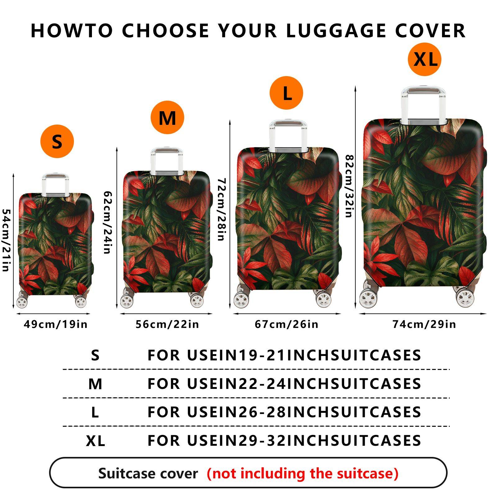 1-Piece Red Green Tropical Leaf Floral Jungle  Suitcase Luggage Cover, Stretch Protective Sleeve