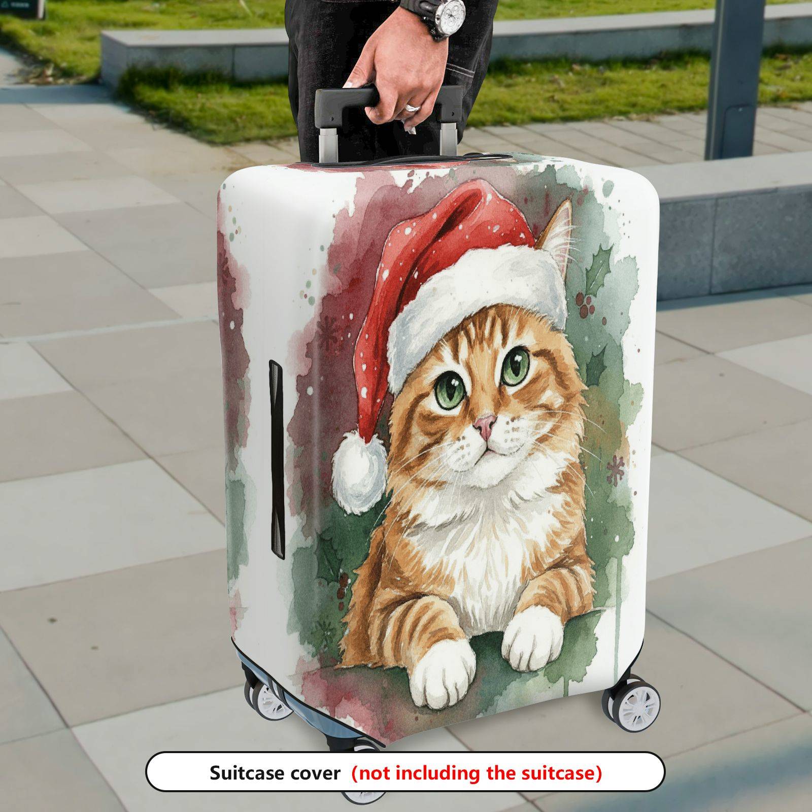 1-Piece Christmas Cat Santa Hat Watercolor Holiday  Suitcase Luggage Cover, Stretch Protective Sleeve