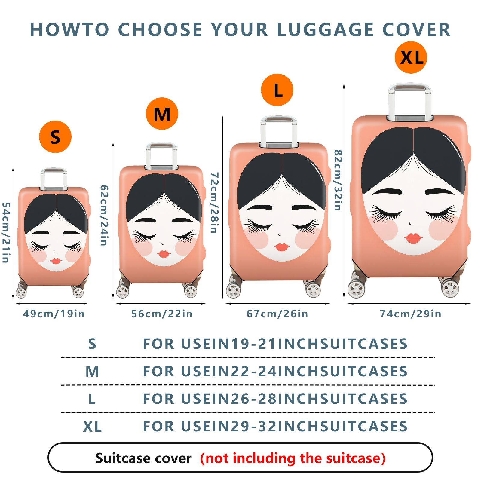 1-Piece Artistic Feminine Face Illustration Coral Black White  Suitcase Luggage Cover, Stretch Protective Sleeve