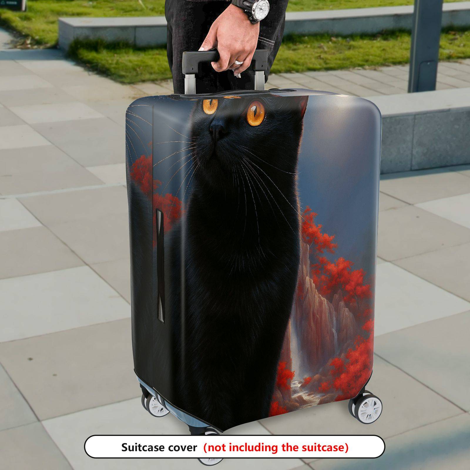 1-Piece Black Cat Moon Landscape Red Tree Artistic  Suitcase Luggage Cover, Stretch Protective Sleeve