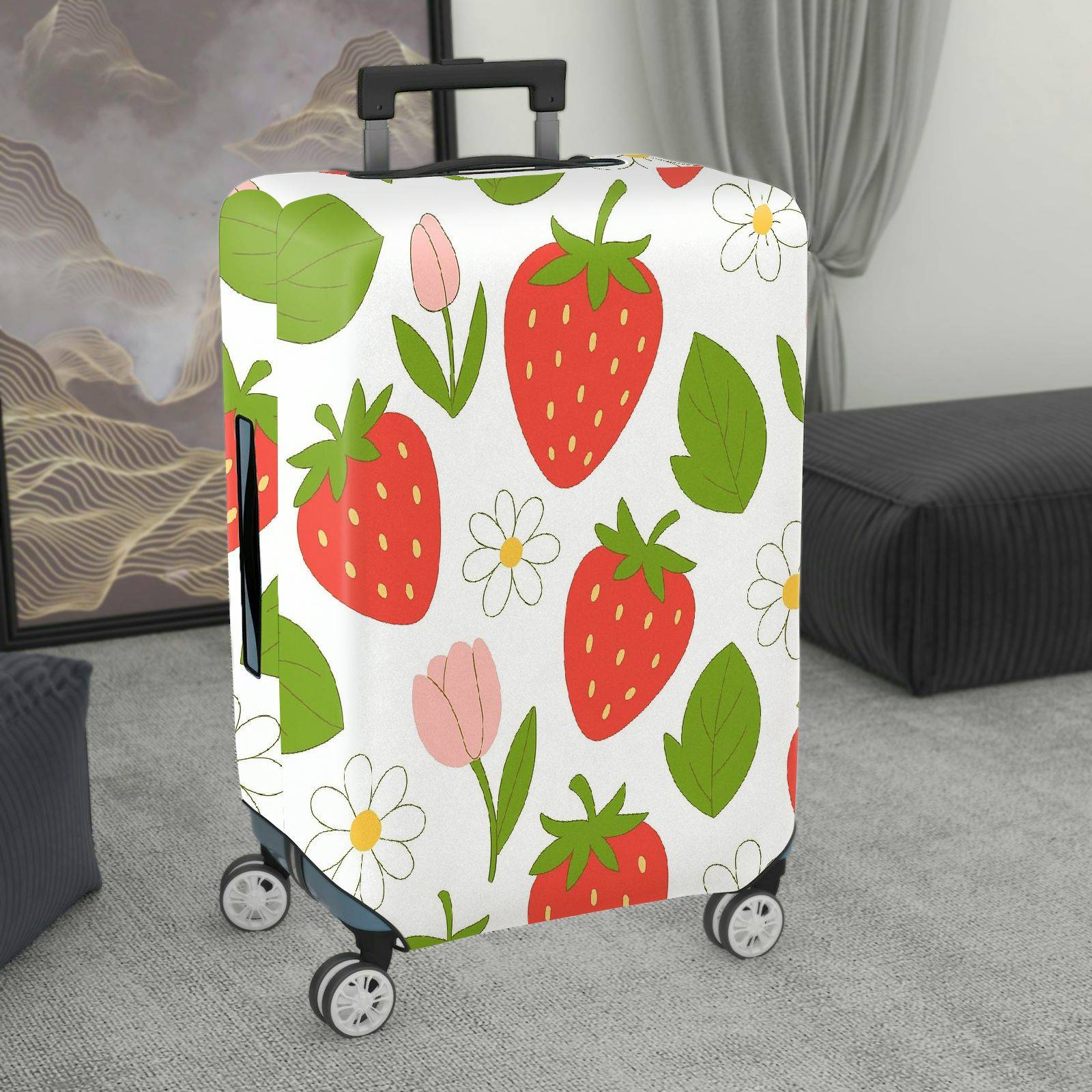 1-Piece Strawberry Floral Leaf Tulip Spring  Suitcase Luggage Cover, Stretch Protective Sleeve