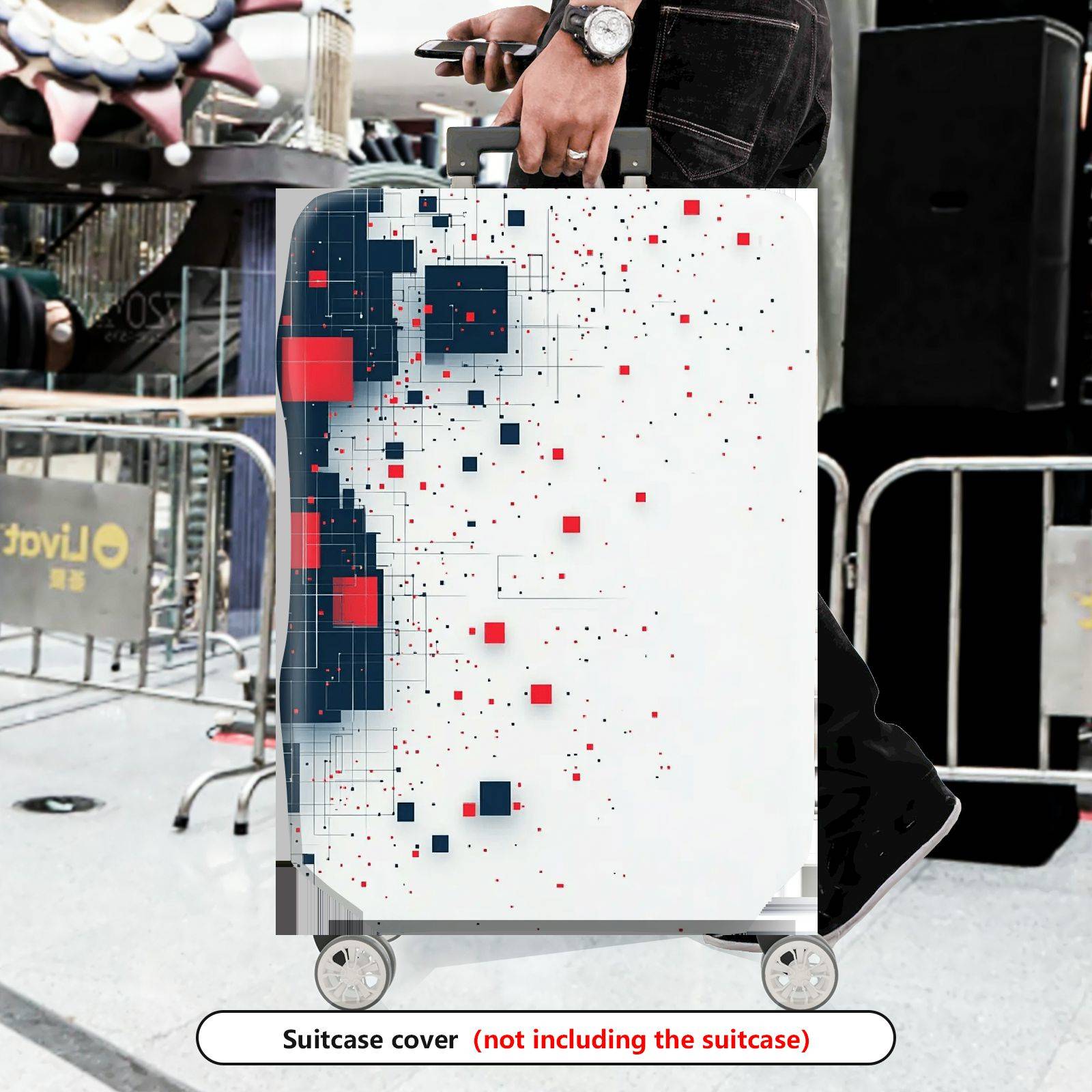 1-Piece Abstract Geometric Red Blue Tech Modern Digital  Suitcase Luggage Cover, Stretch Protective Sleeve