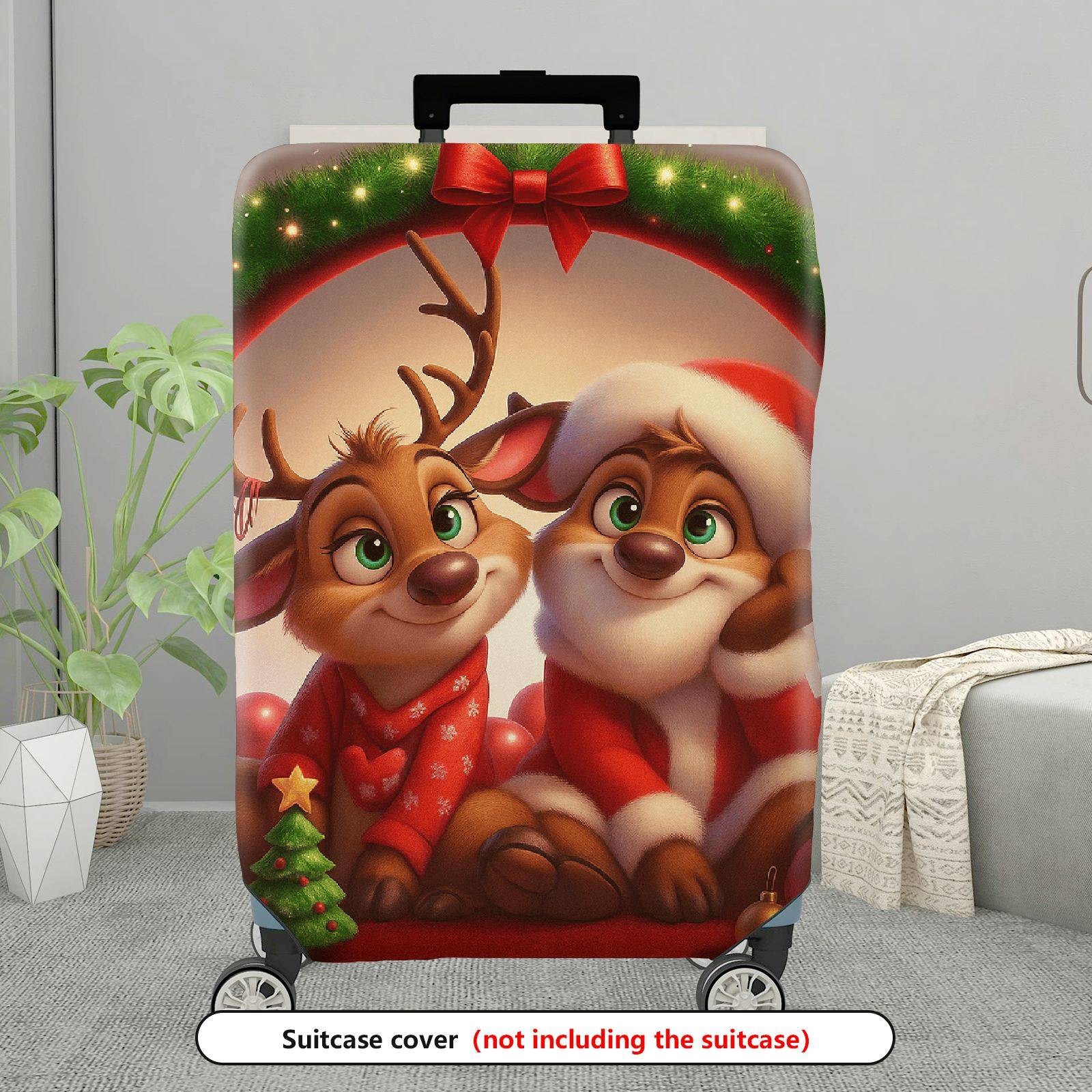 1-Piece Christmas Santa Reindeer Festive Holiday Cheer  Suitcase Luggage Cover, Stretch Protective Sleeve