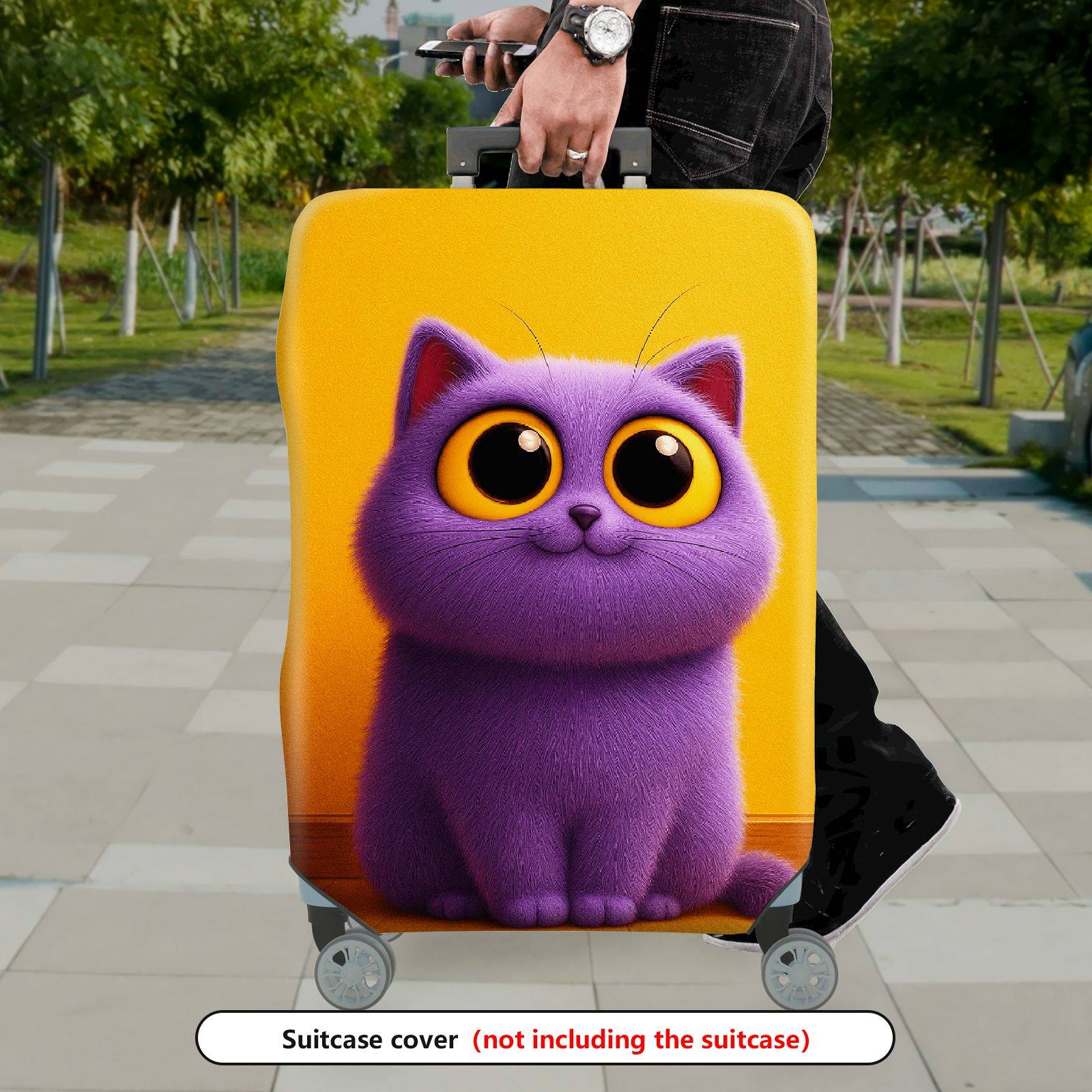 1-Piece Cute Furry Purple Cat Yellow  Suitcase Luggage Cover, Stretch Protective Sleeve