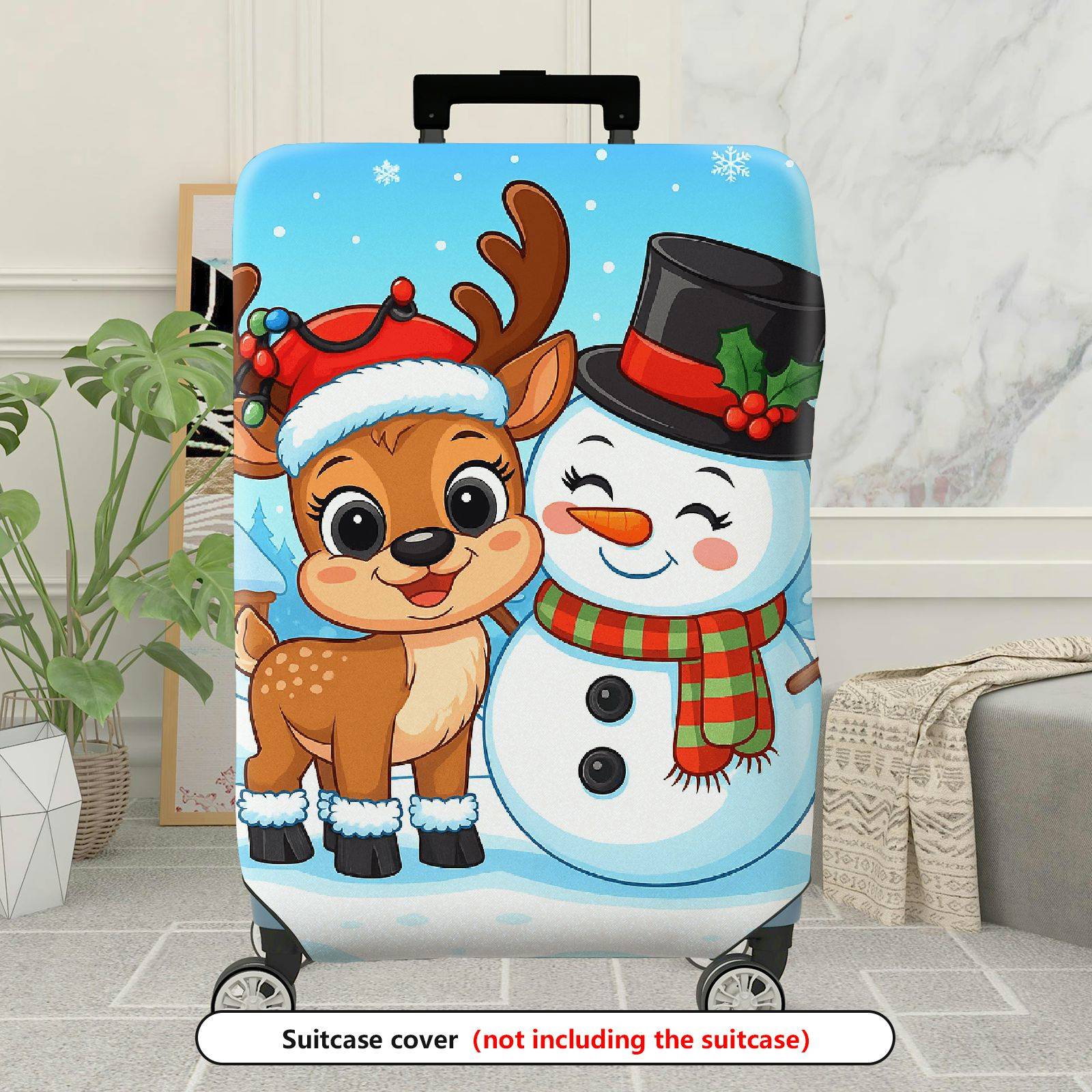 1-Piece Christmas Reindeer Snowman Cabin Winter Holiday  Suitcase Luggage Cover, Stretch Protective Sleeve