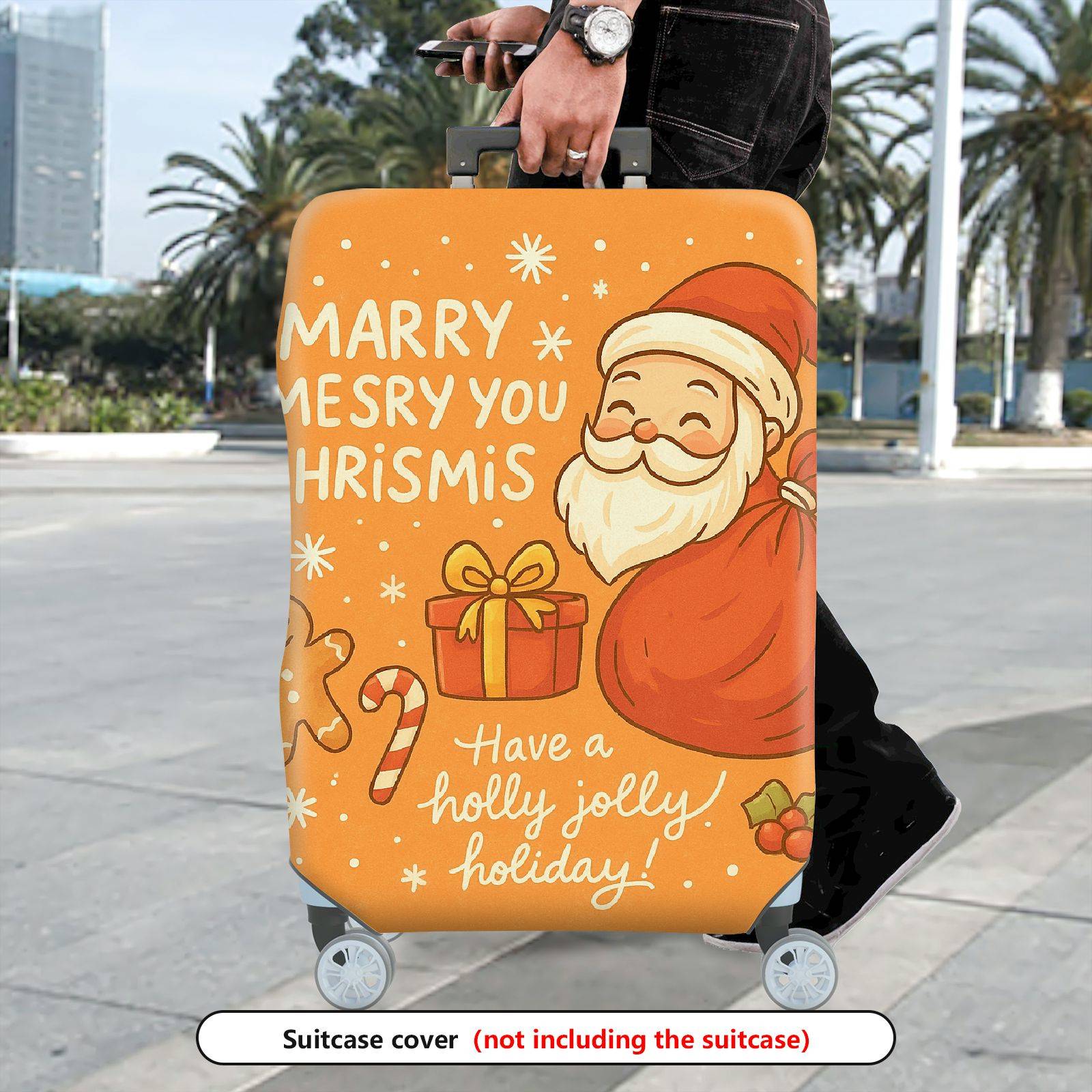 1-Piece Christmas Santa Claus Gingerbread Gift Joyful Holiday  Suitcase Luggage Cover, Stretch Protective Sleeve