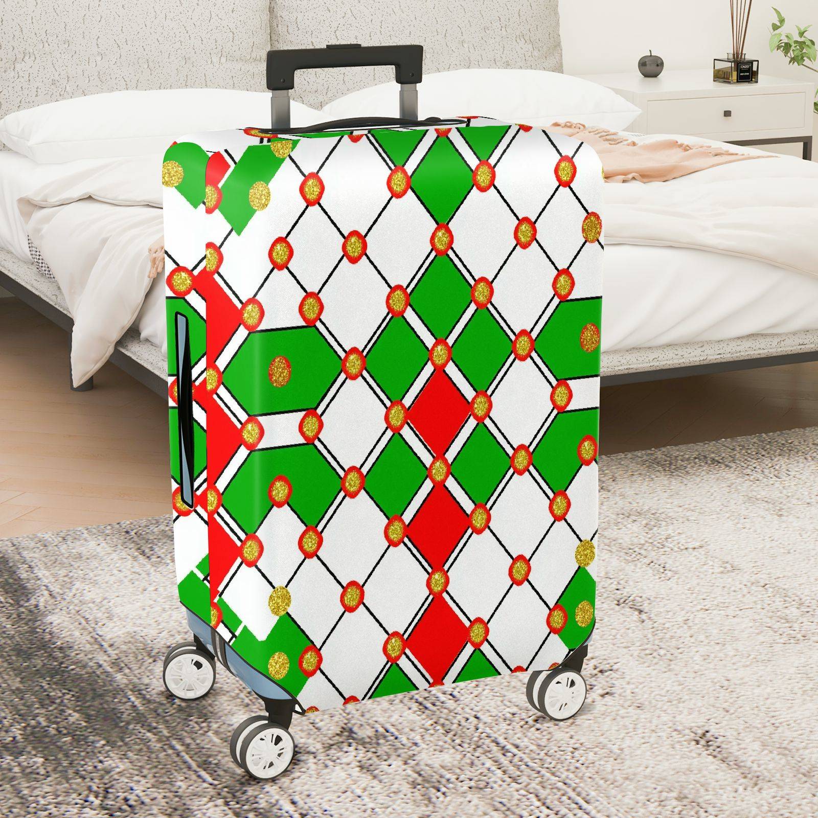 1-Piece Geometric Red Green White Gold Festive  Suitcase Luggage Cover, Stretch Protective Sleeve