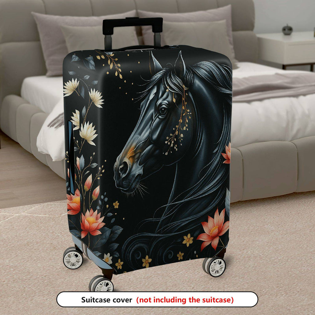 1-Piece Black Horse Floral Art  Suitcase Luggage Cover, Stretch Protective Sleeve