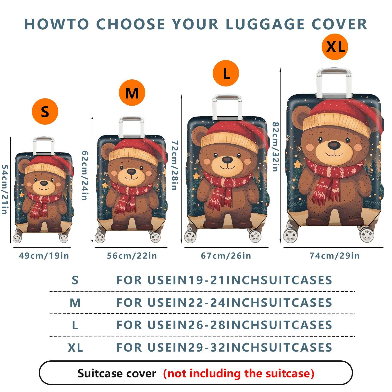 1-Piece Bear Christmas Winter Holiday Festive Cute  Suitcase Luggage Cover, Stretch Protective Sleeve