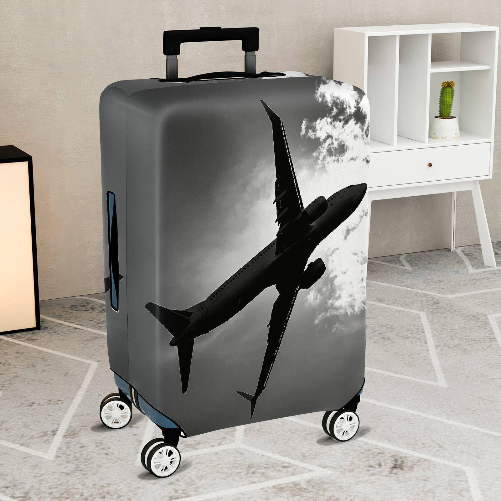 1-Piece Airplane Travel Clouds Sky Black and White  Suitcase Luggage Cover, Stretch Protective Sleeve