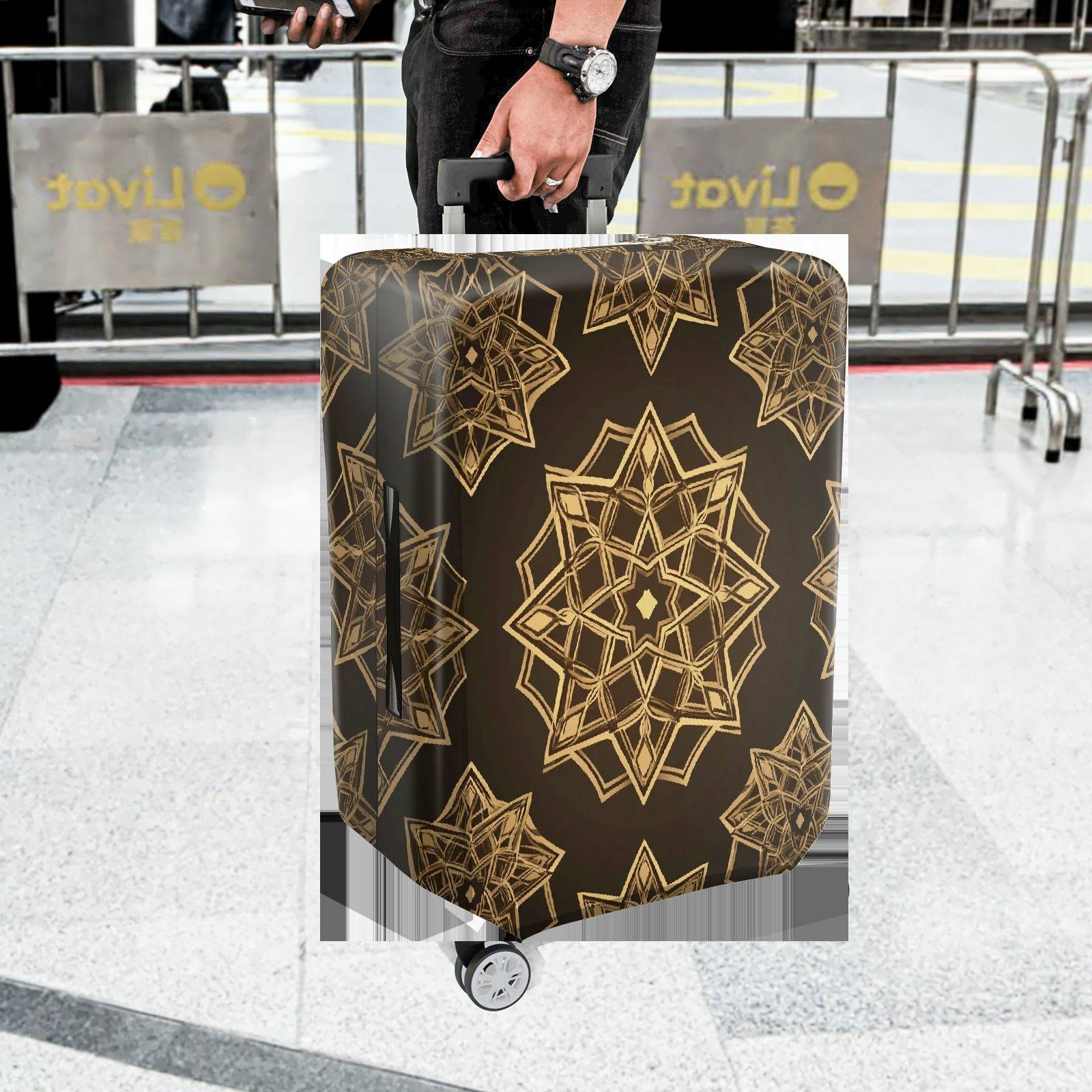 1-Piece Geometric Mandala Pattern Brown Gold Stylish Elegant Travel  Suitcase Luggage Cover, Stretch Protective Sleeve