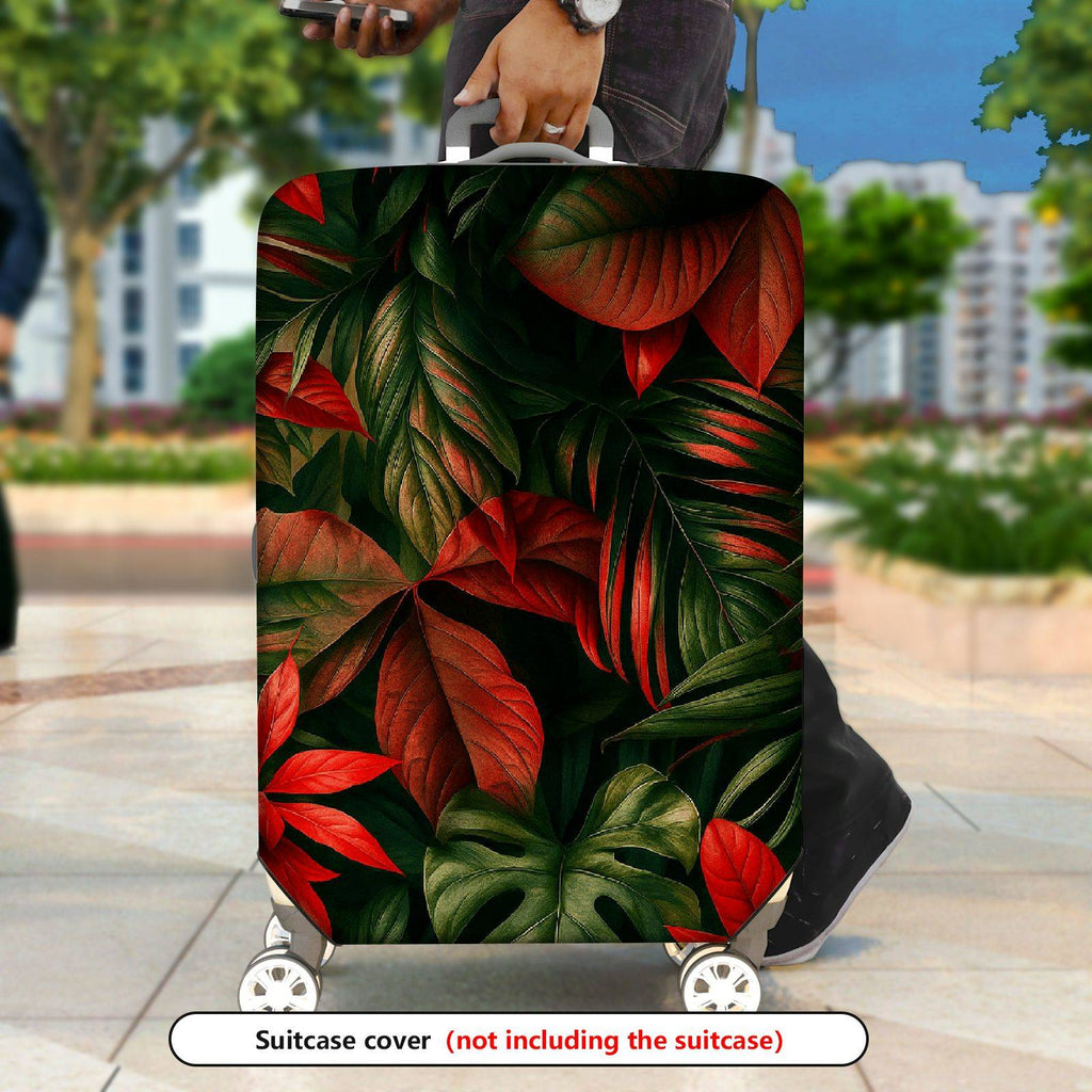 1-Piece Red Green Tropical Leaf Floral Jungle  Suitcase Luggage Cover, Stretch Protective Sleeve
