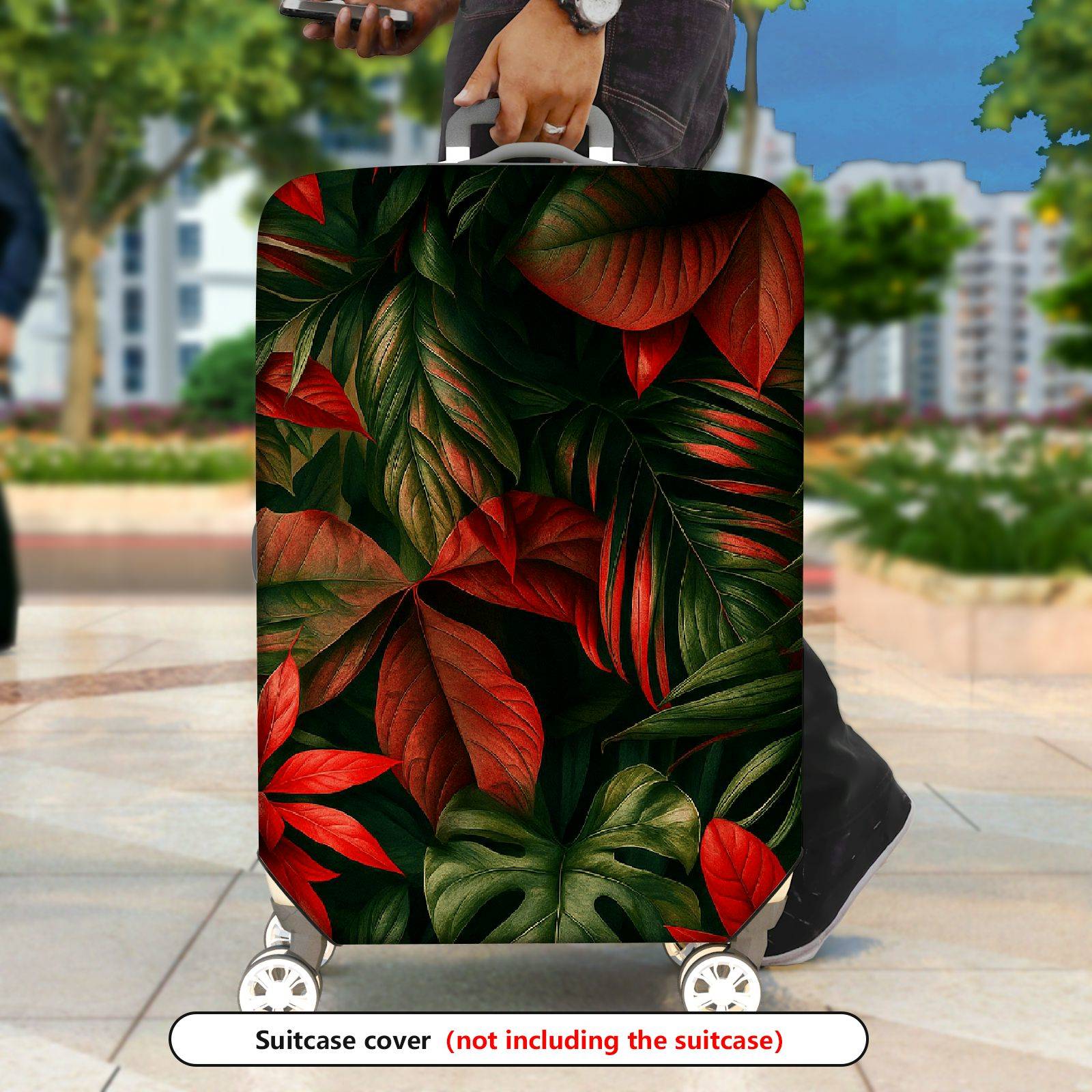 1-Piece Red Green Tropical Leaf Floral Jungle  Suitcase Luggage Cover, Stretch Protective Sleeve