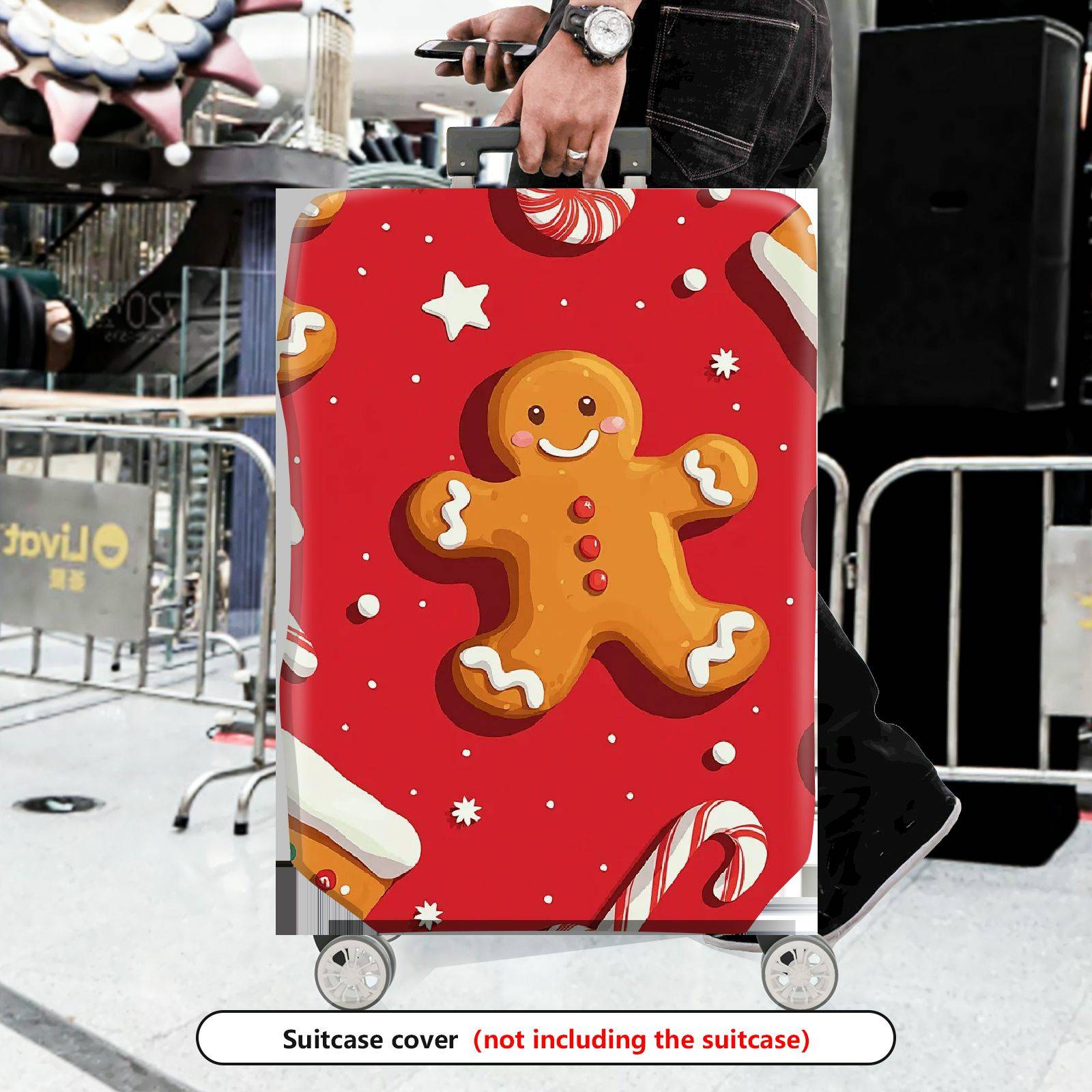 1-Piece Gingerbread Candy Cane Christmas Holiday Festive  Suitcase Luggage Cover, Stretch Protective Sleeve