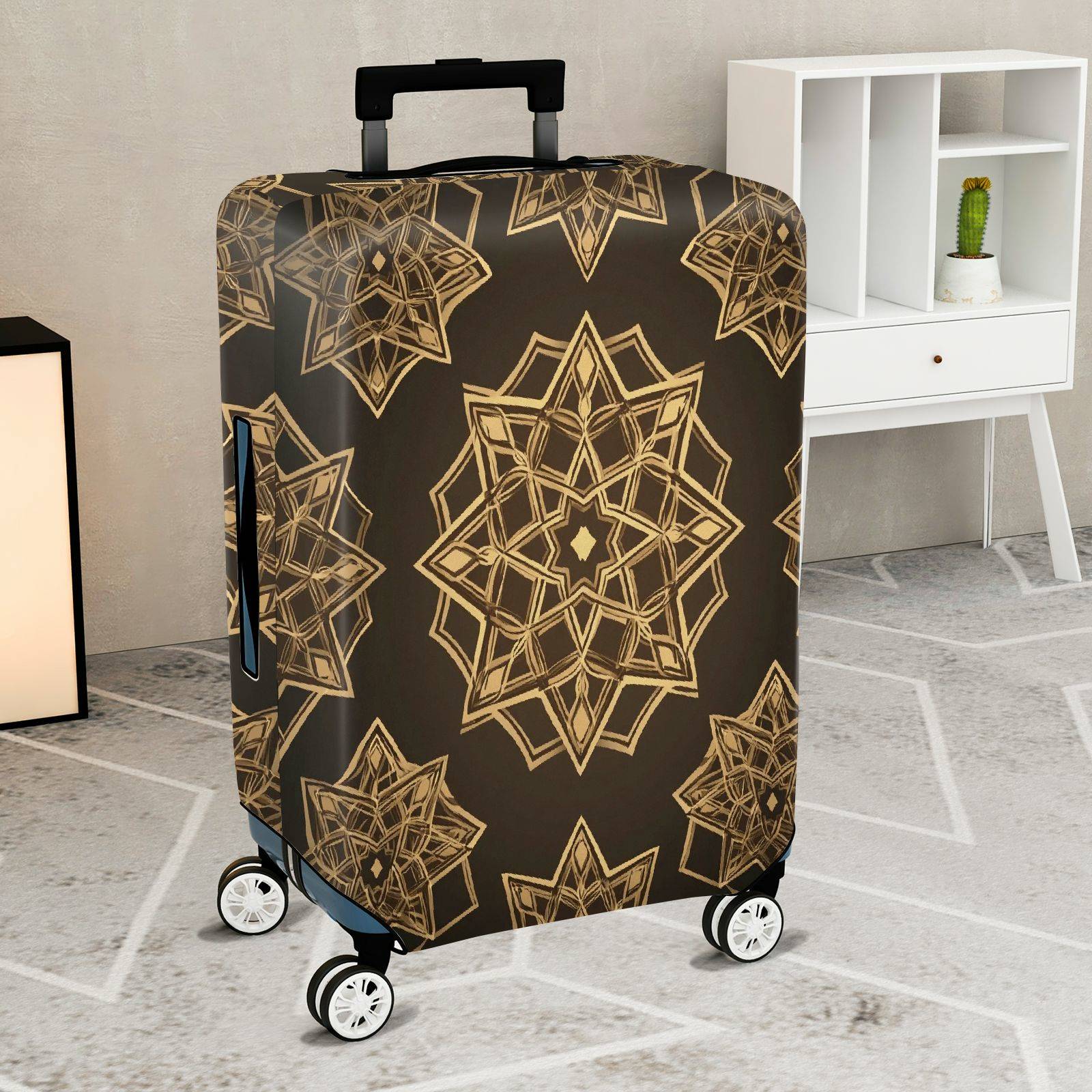 1-Piece Geometric Mandala Pattern Brown Gold Stylish Elegant Travel  Suitcase Luggage Cover, Stretch Protective Sleeve