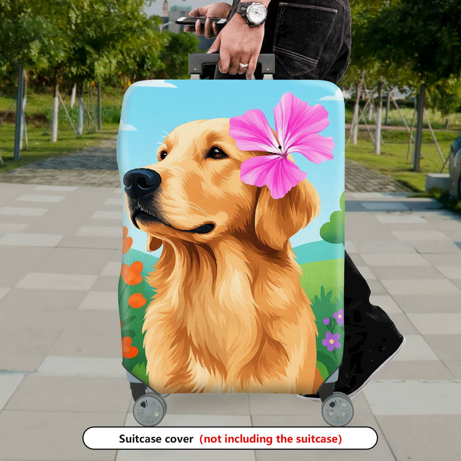 1-Piece Dog Flower Garden Nature Cute Artistic  Suitcase Luggage Cover, Stretch Protective Sleeve