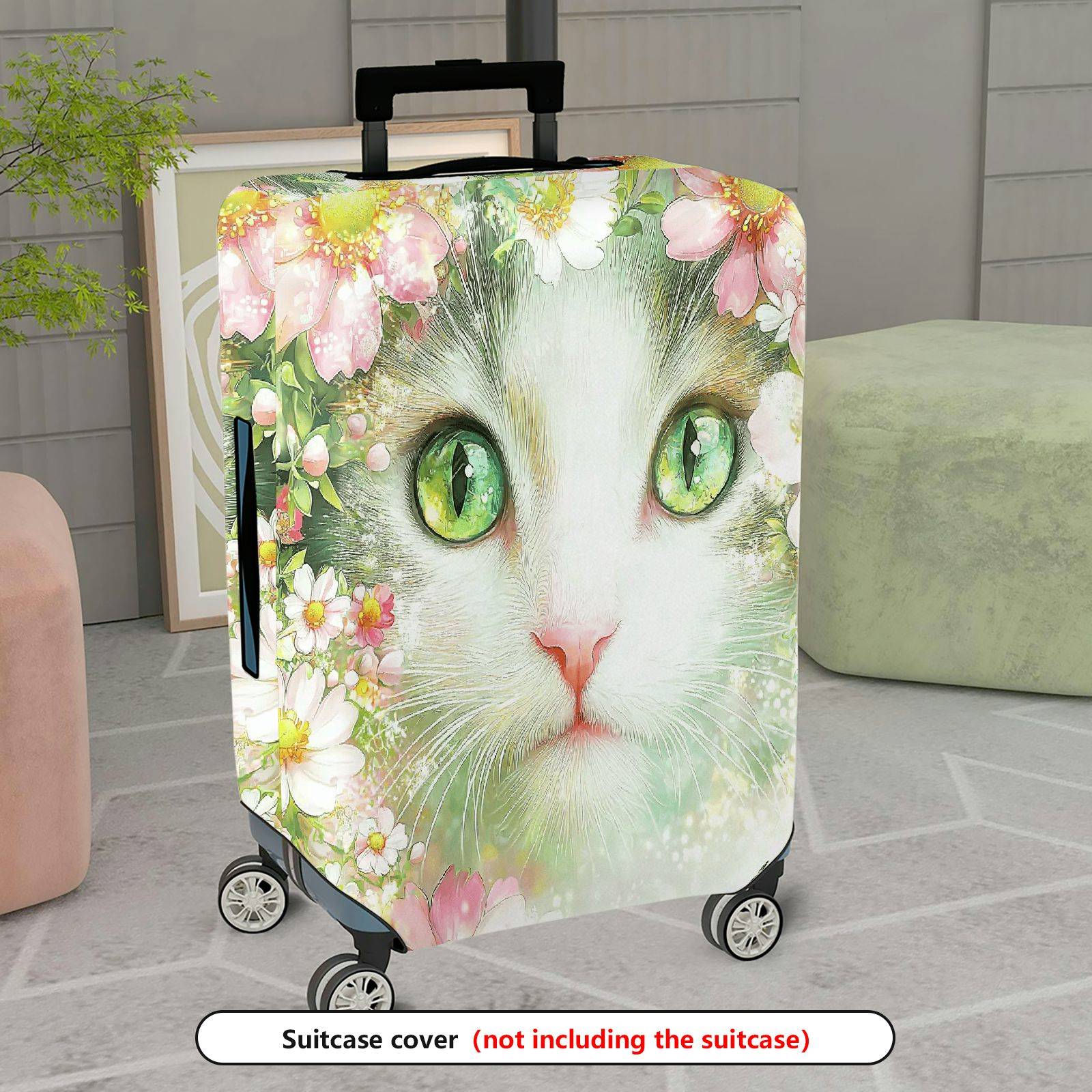 1-Piece Cat Floral Green Pink Artistic Colorful  Suitcase Luggage Cover, Stretch Protective Sleeve