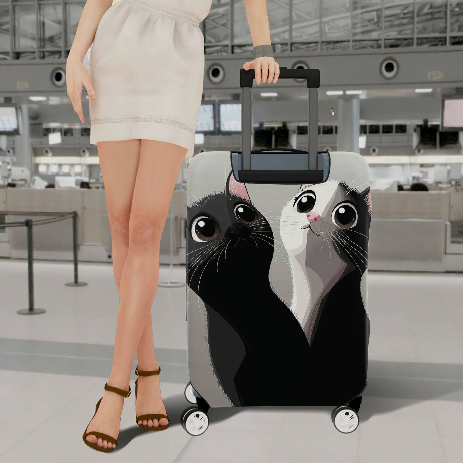 1-Piece Cat Black White Cute Adorable Playful  Suitcase Luggage Cover, Stretch Protective Sleeve